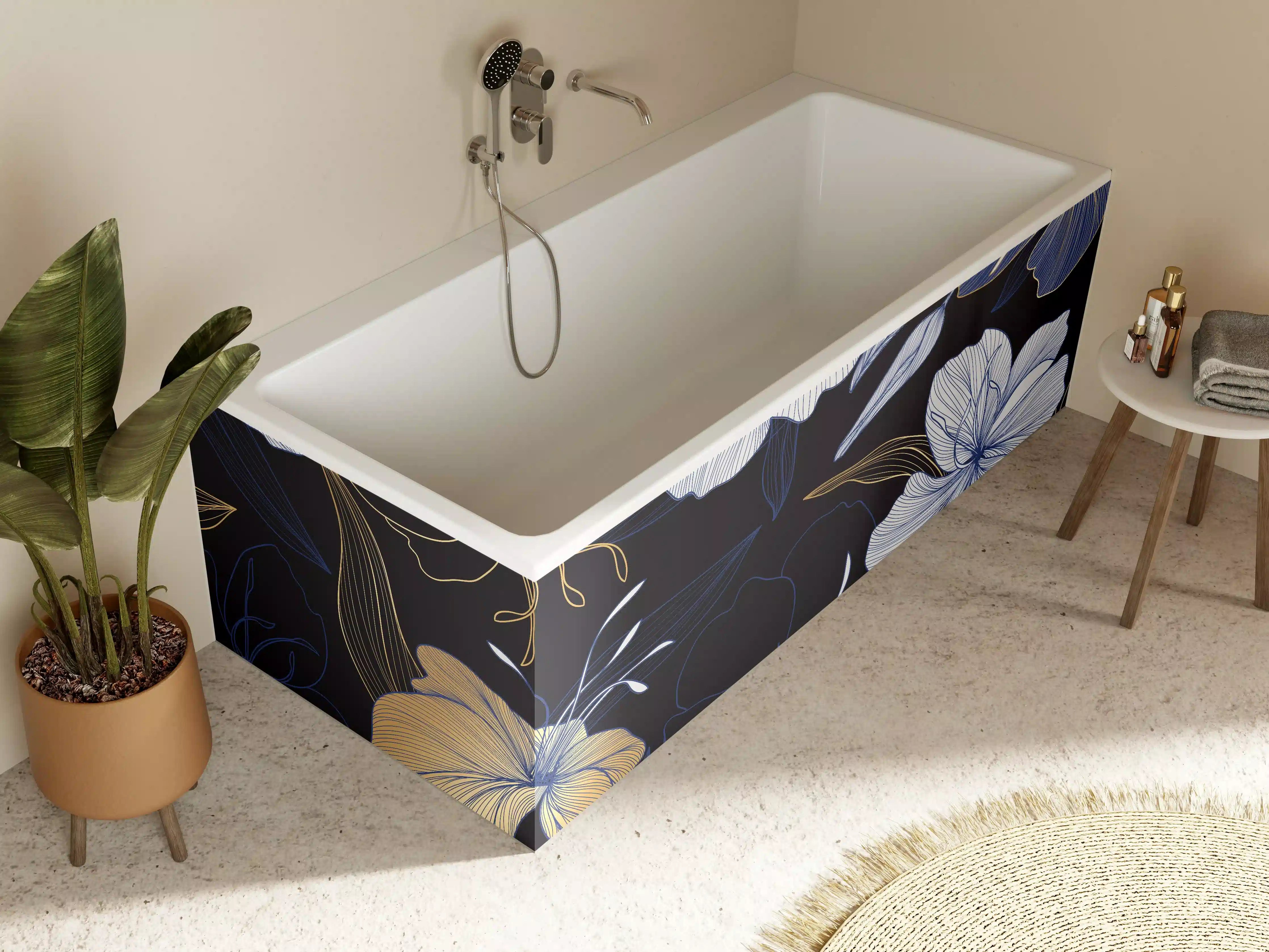 Badewannen-Rückwand - Elegantes Blumen-Muster Dunkelblau