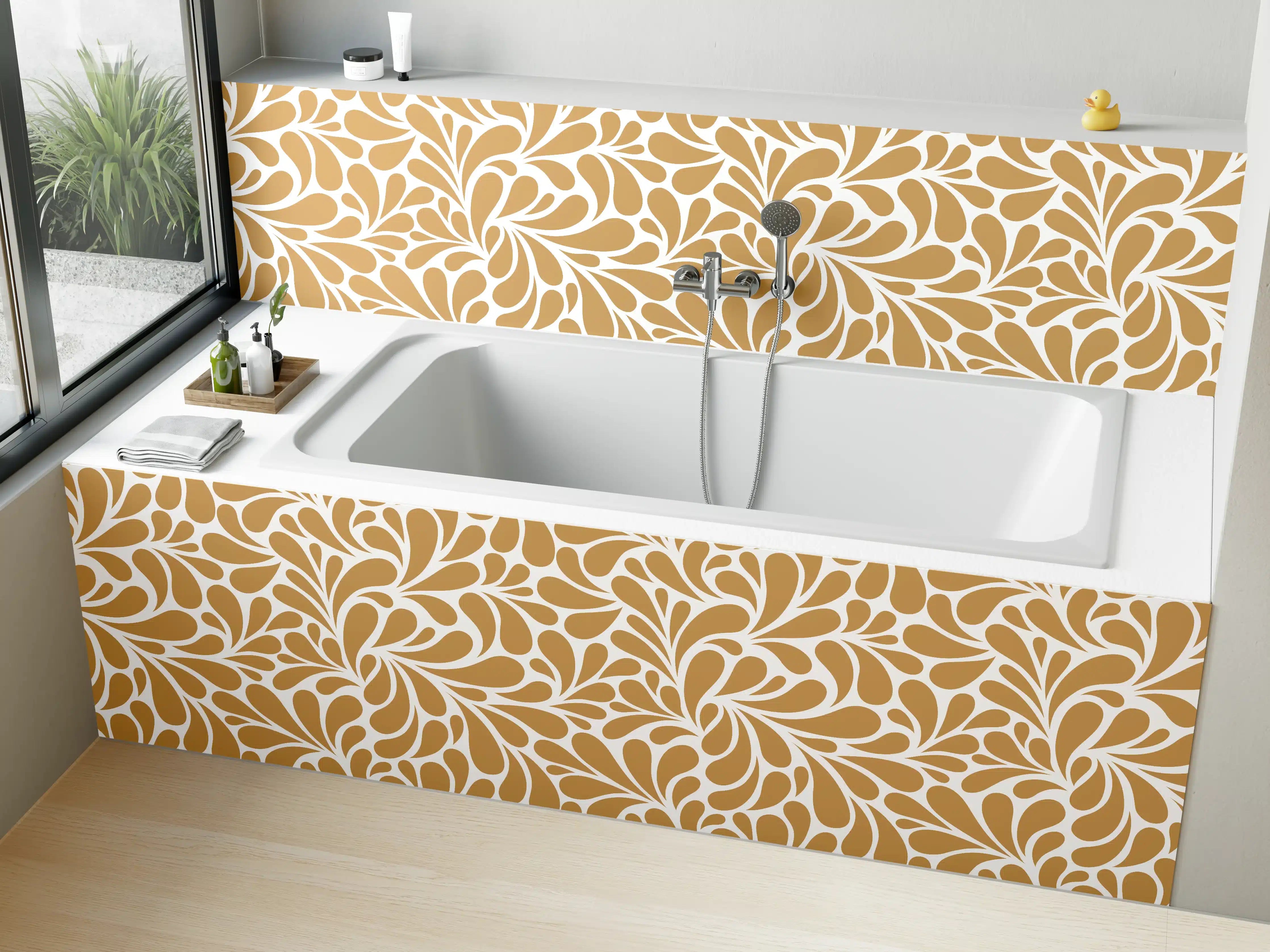 Badewannen-Rückwand - Elegantes Gold-Weiß-Blattmuster