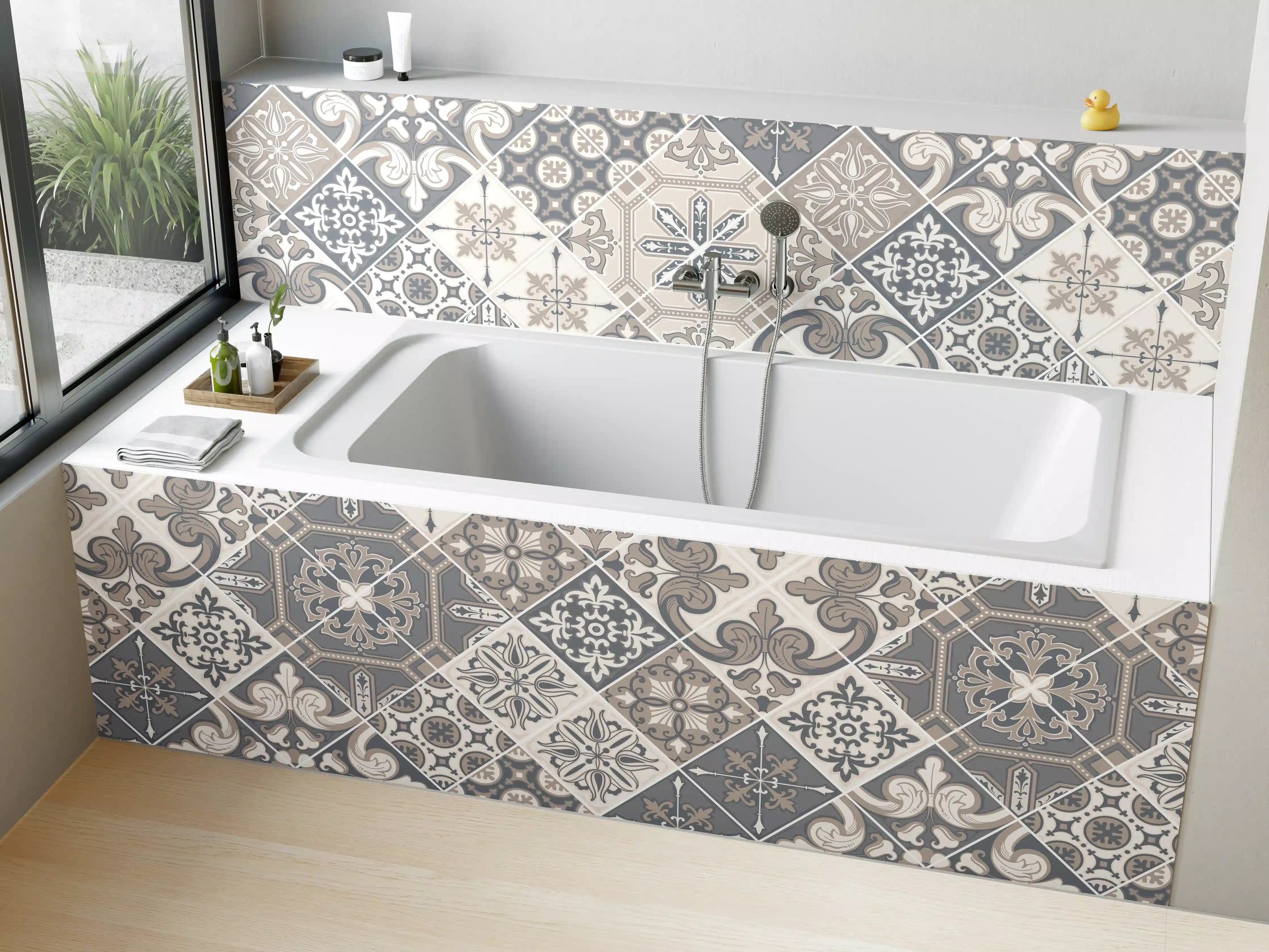 Badewannen-Rückwand - Elegantes Grau-Weiß Mosaikmuster