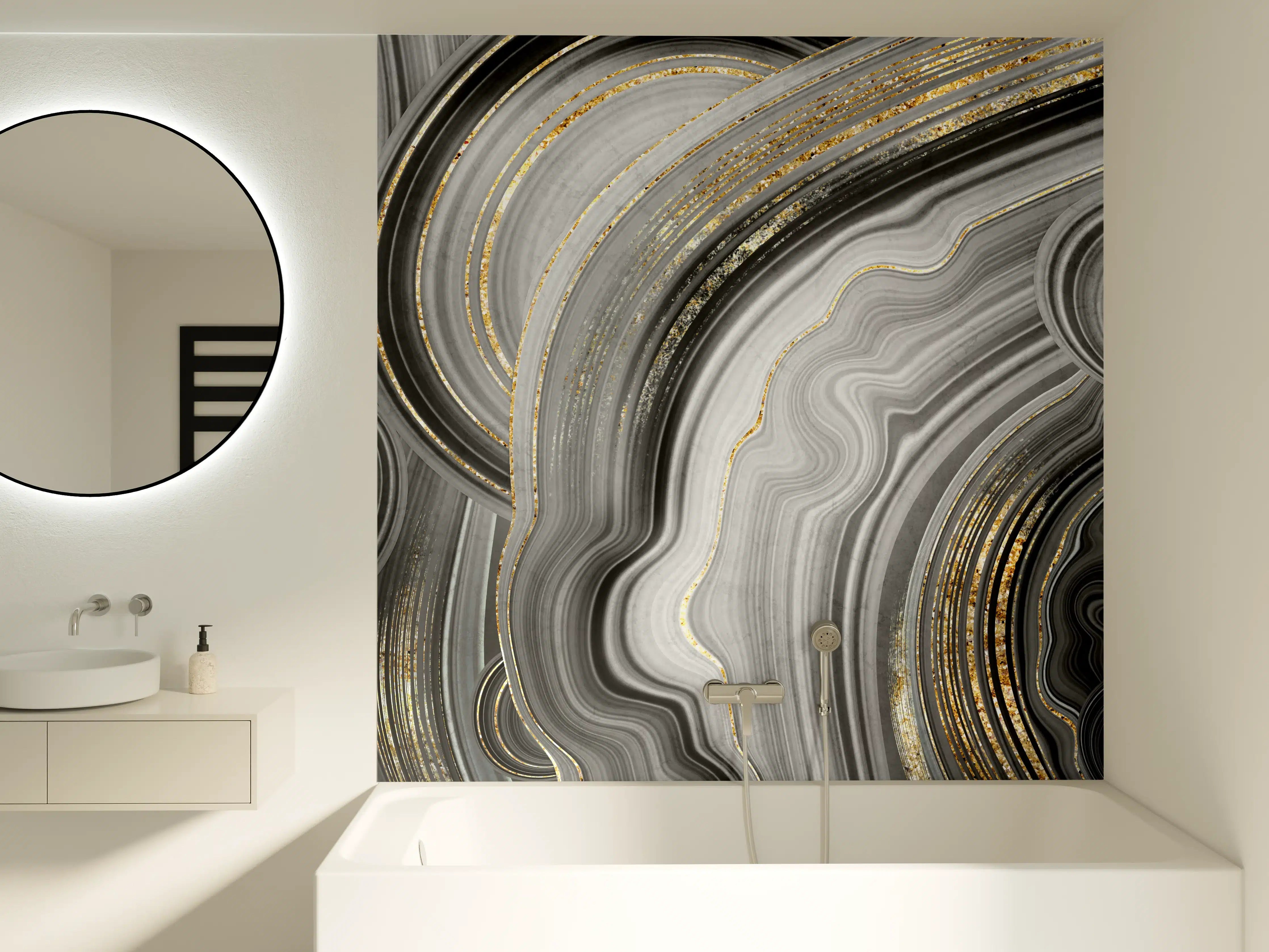 Badewannen-Rückwand - Elegantes Schwarz-Grau-Marmor-Muster mit Goldakzenten