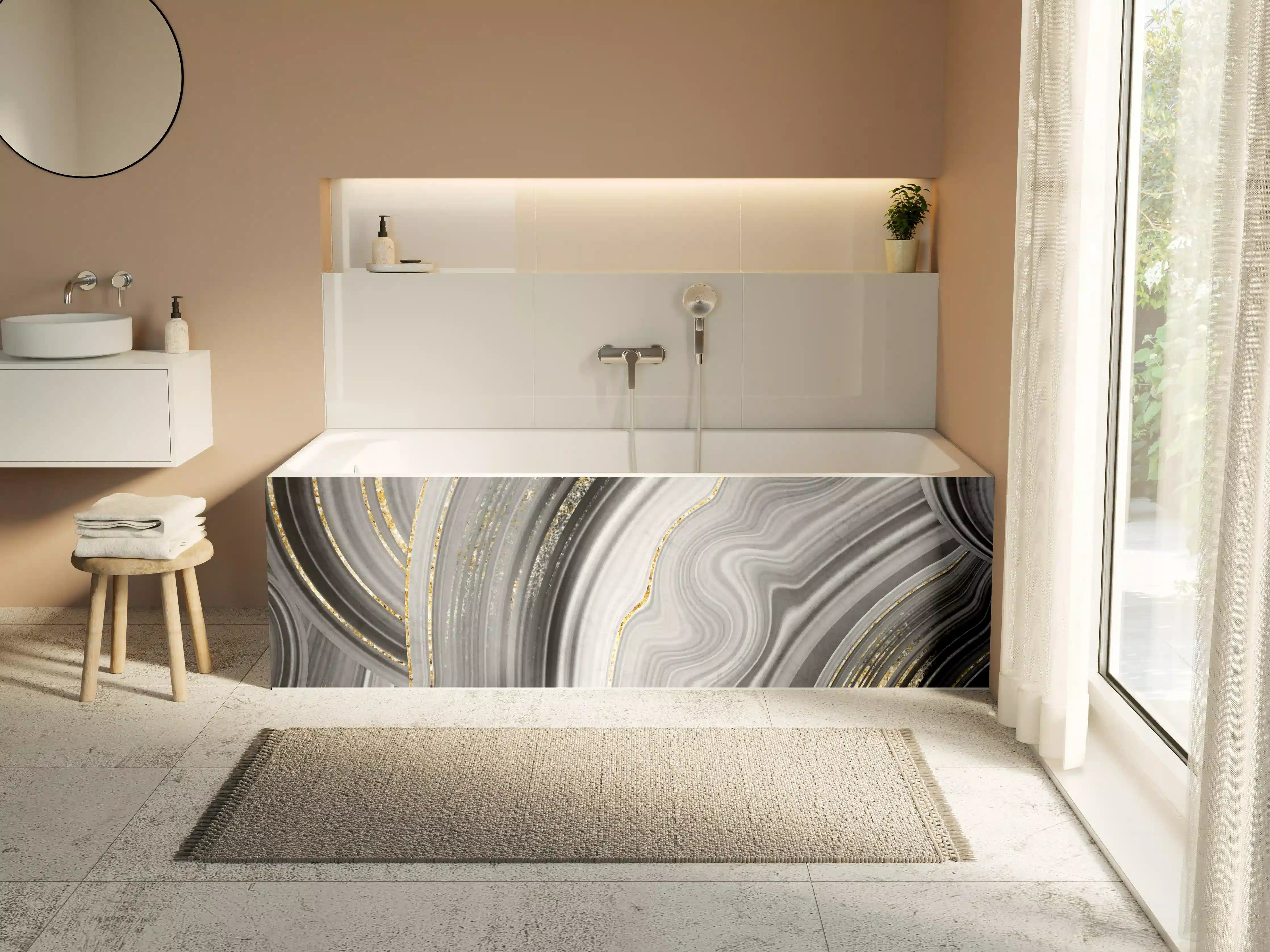 Badewannen-Rückwand - Elegantes Schwarz-Grau-Marmor-Muster mit Goldakzenten