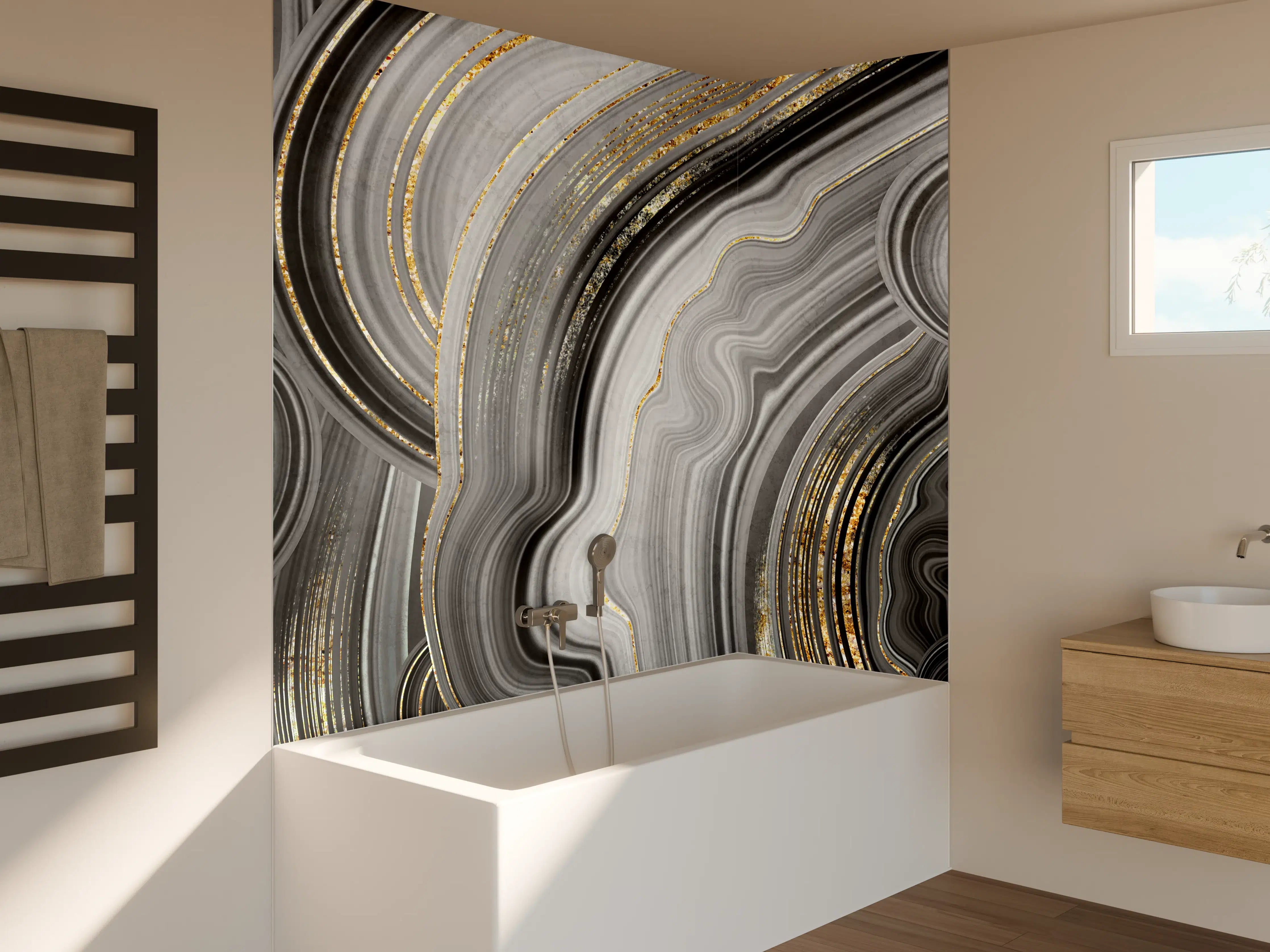 Badewannen-Rückwand - Elegantes Schwarz-Grau-Marmor-Muster mit Goldakzenten