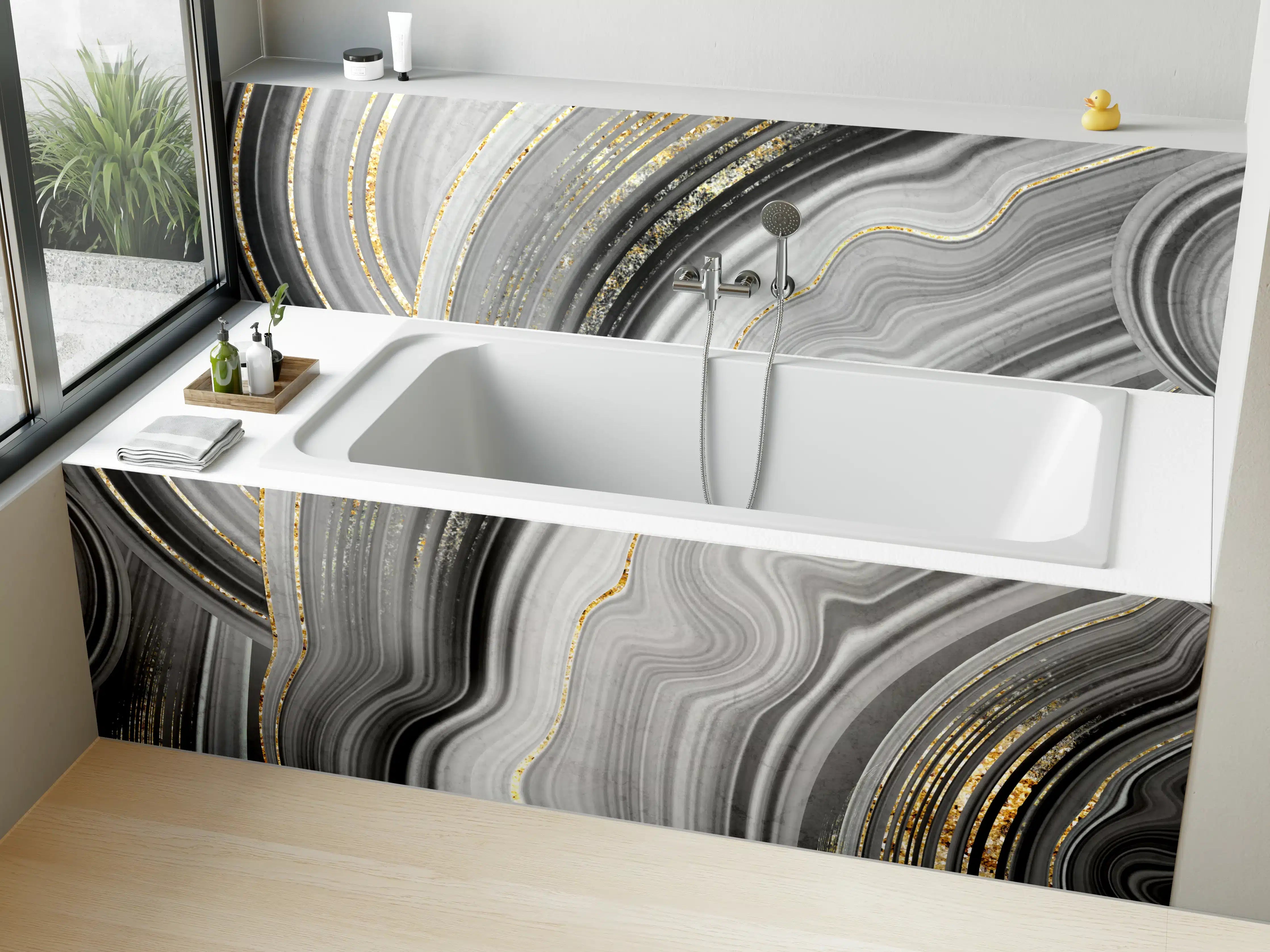 Badewannen-Rückwand - Elegantes Schwarz-Grau-Marmor-Muster mit Goldakzenten