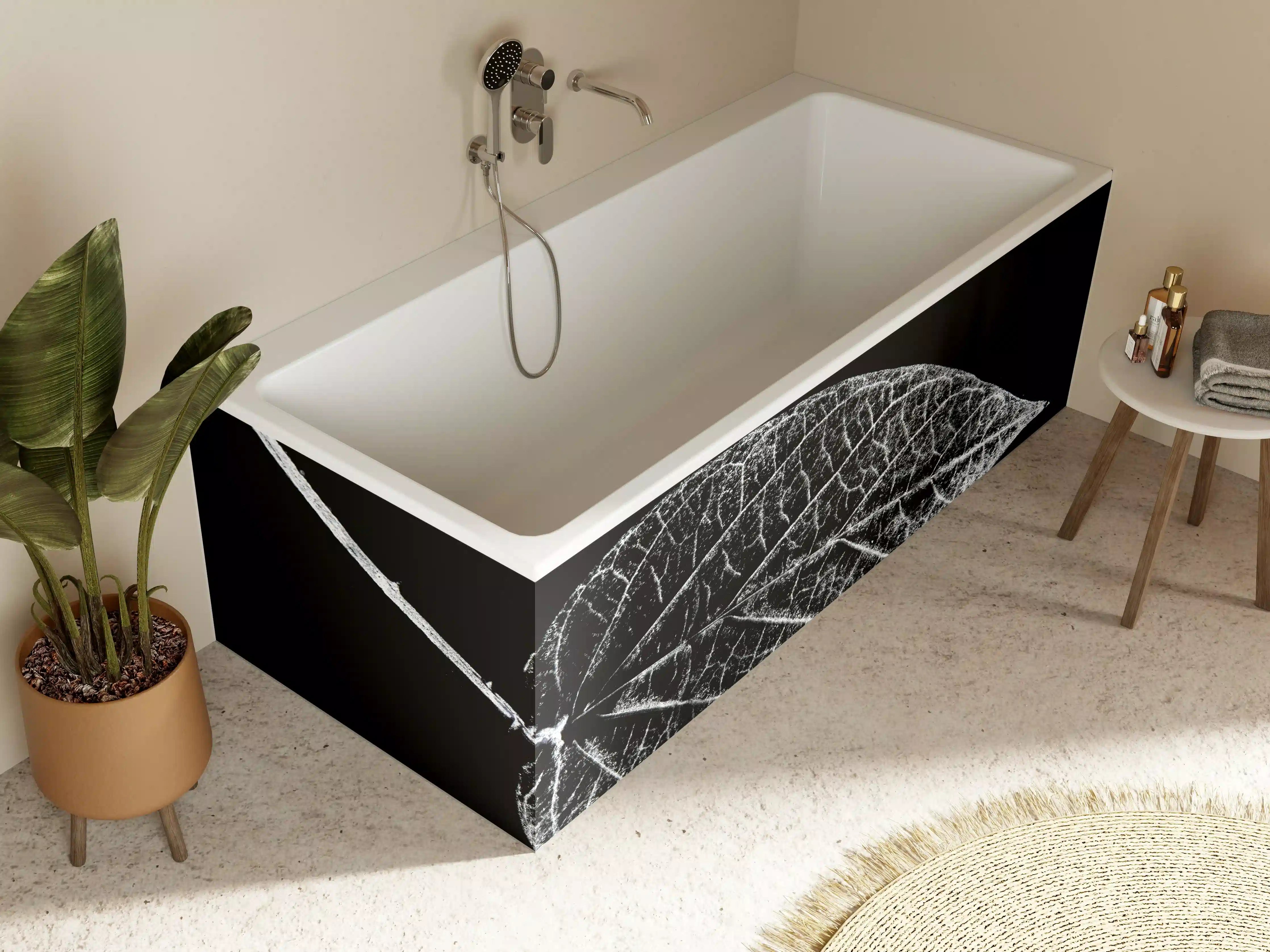 Badewannen-Rückwand - Elegantes Schwarz-Weiß Laubblatt