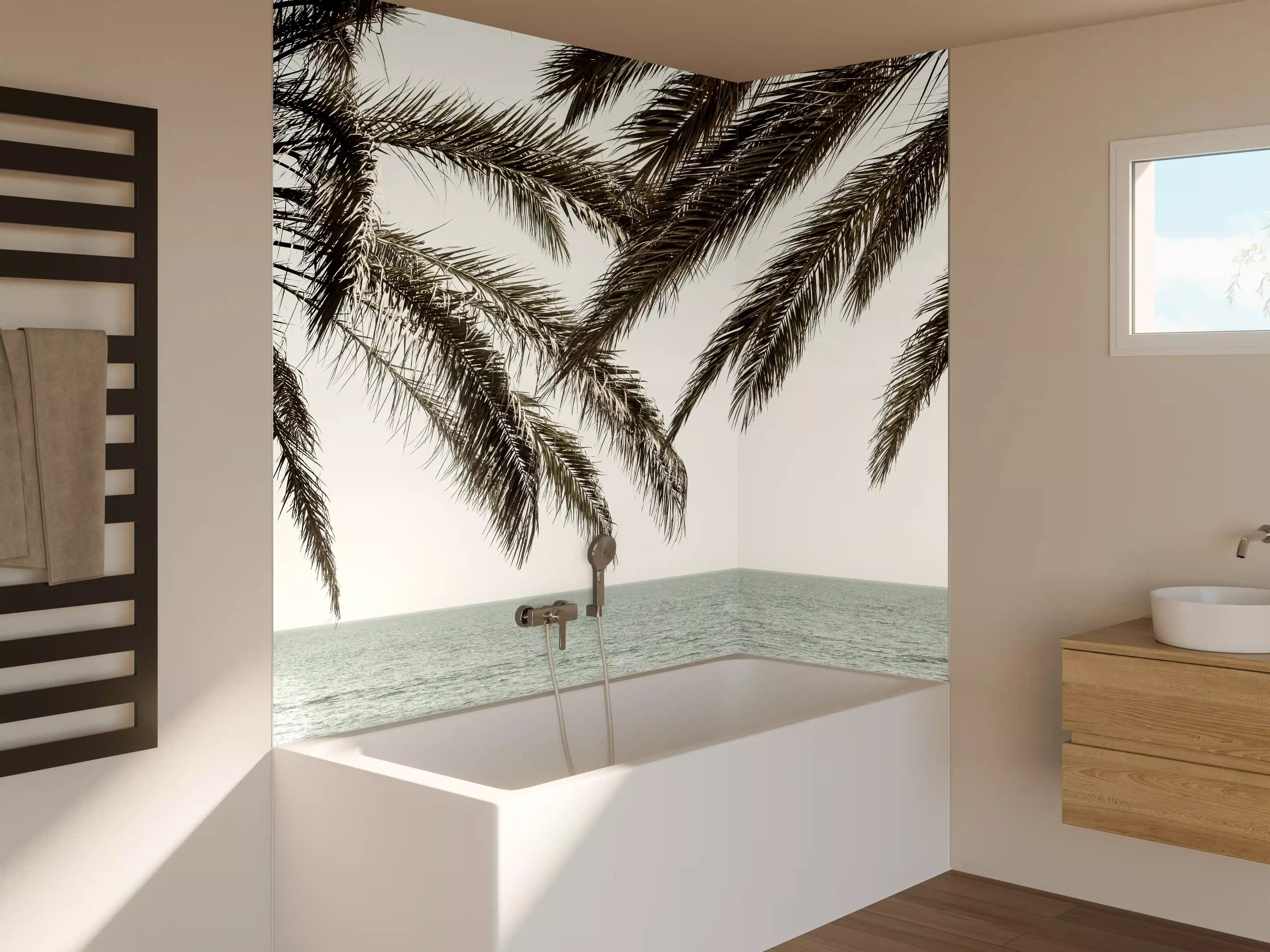 Badewannen-Rückwand - Entspannender Blick auf das Meer mit Palmen