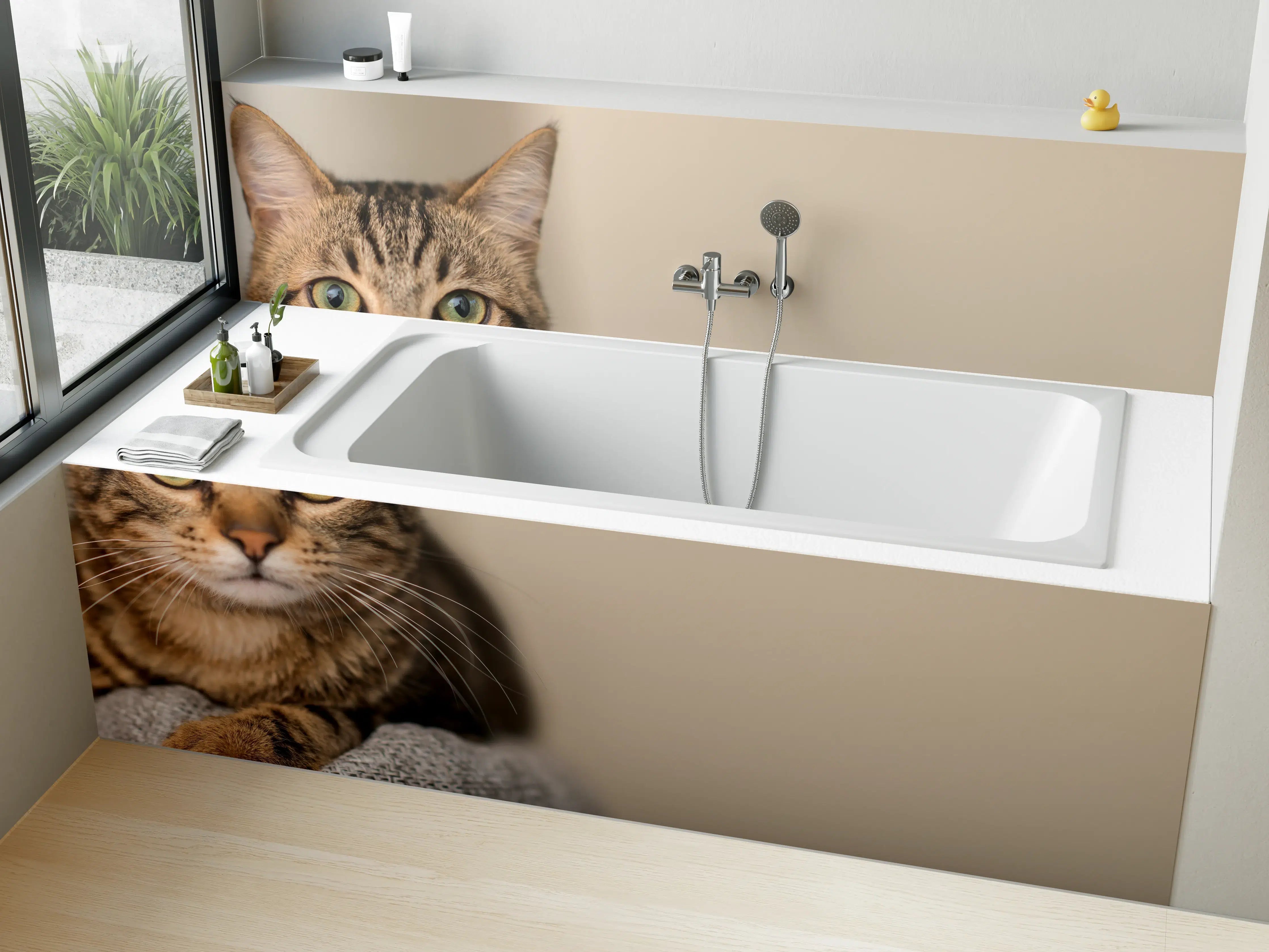 Badewannen-Rückwand - Entspannte Hauskatze in Beige-Braun