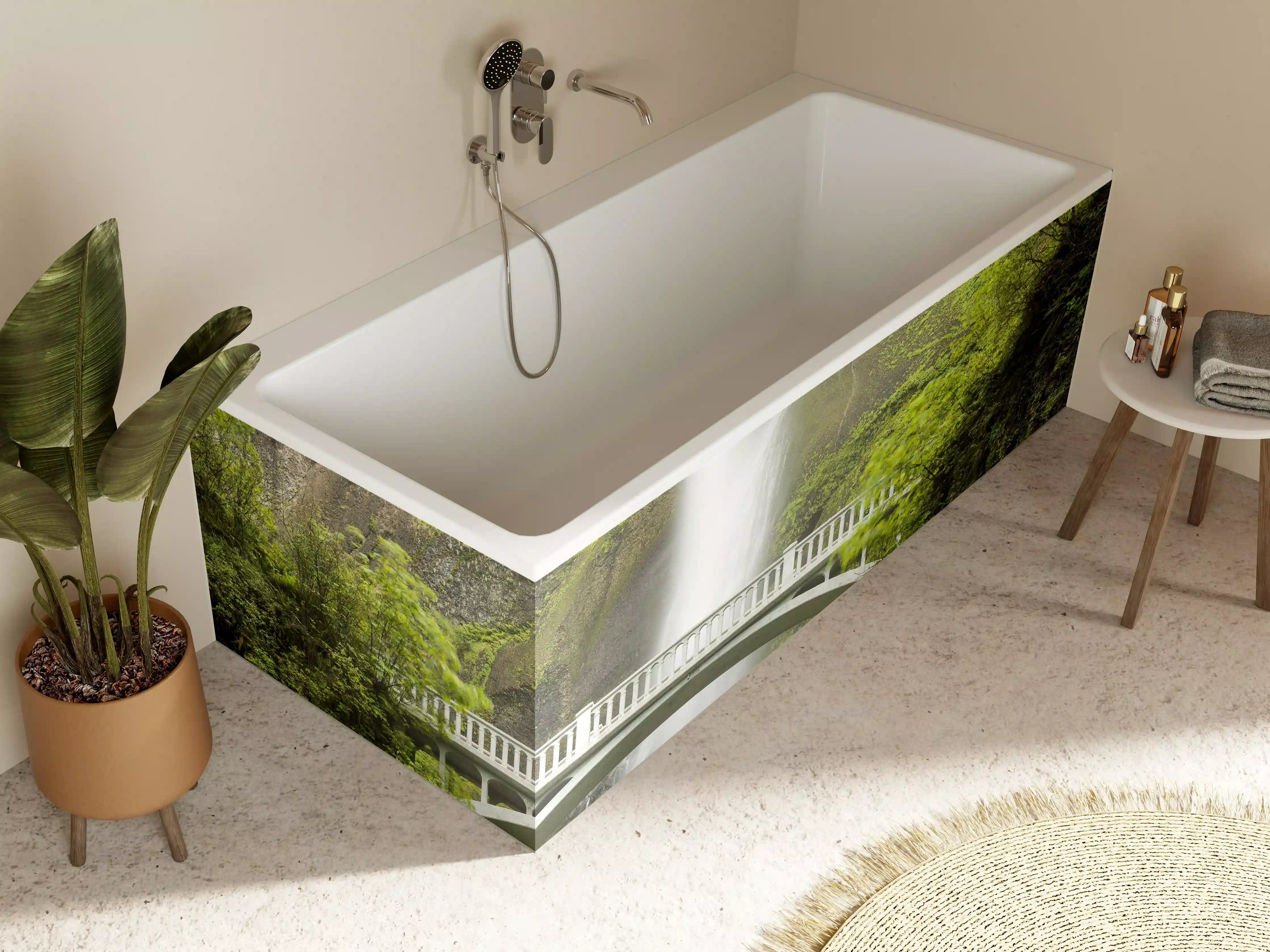 Badewannen-Rückwand - Erhabene grüne Wasserfall Landschaft mit sanften Grautönen