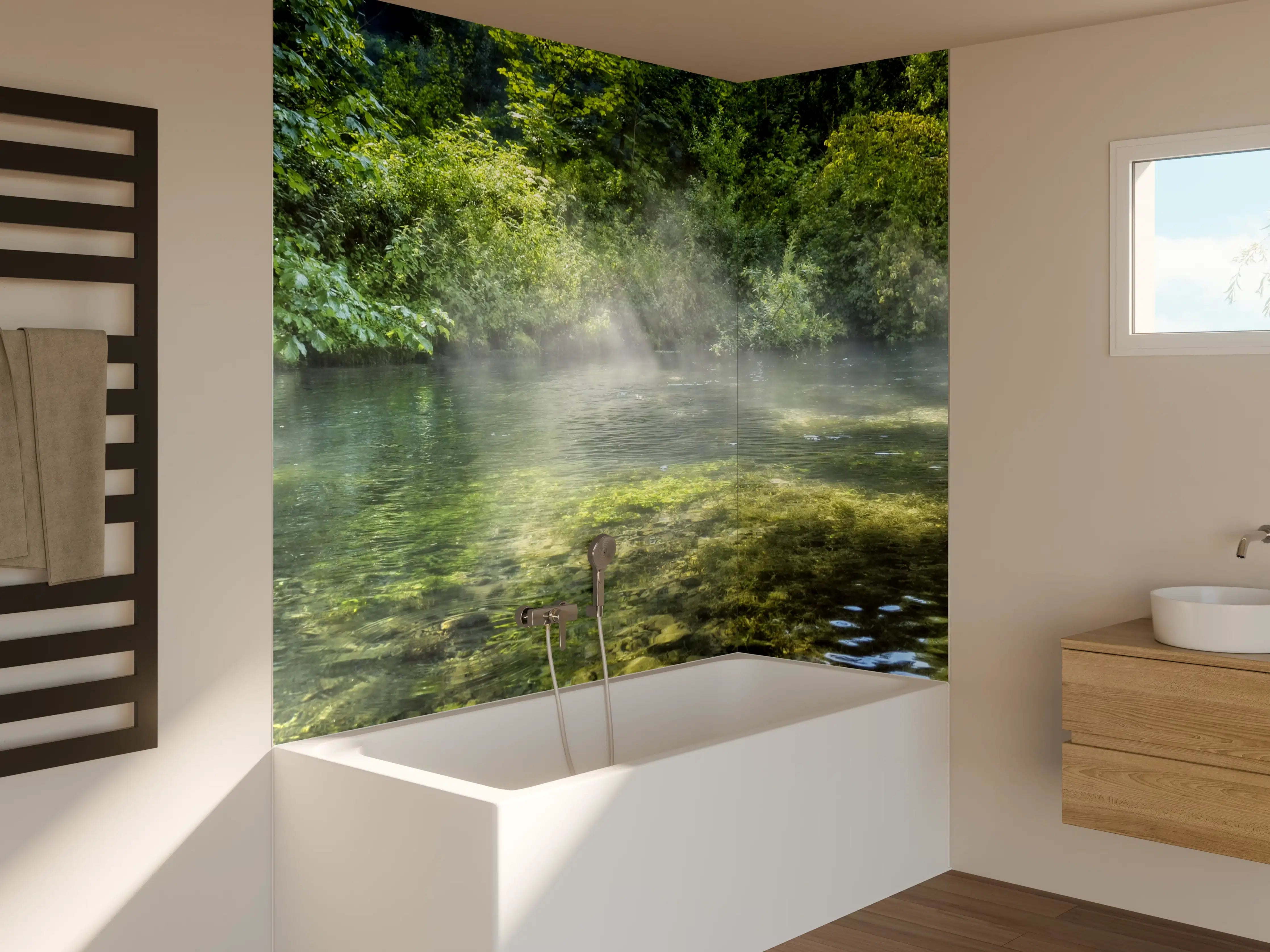 Badewannen-Rückwand - Espegelnder Fluss im Morgengrauen