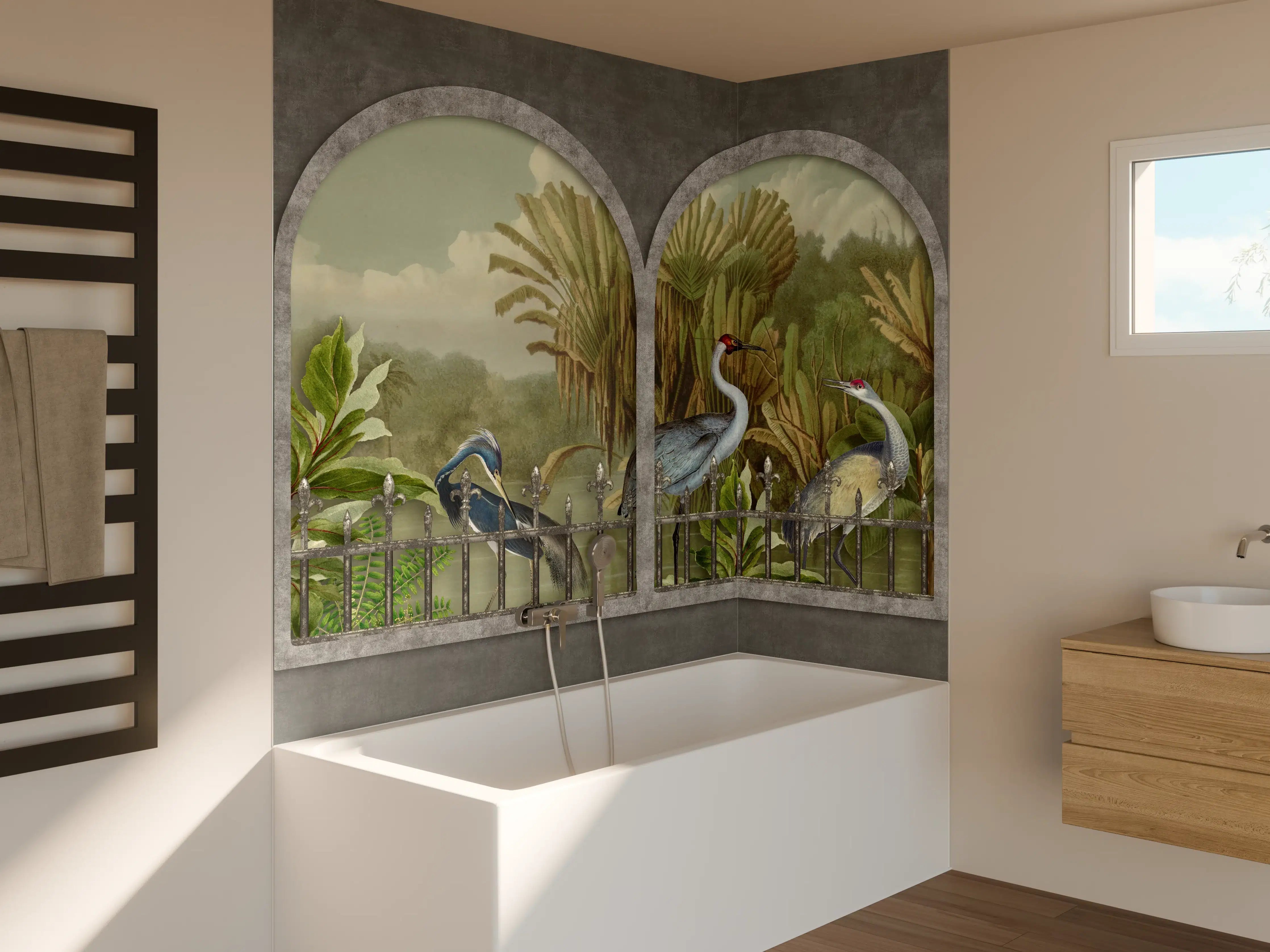 Badewannen-Rückwand - Exotische Kraniche Naturpanorama