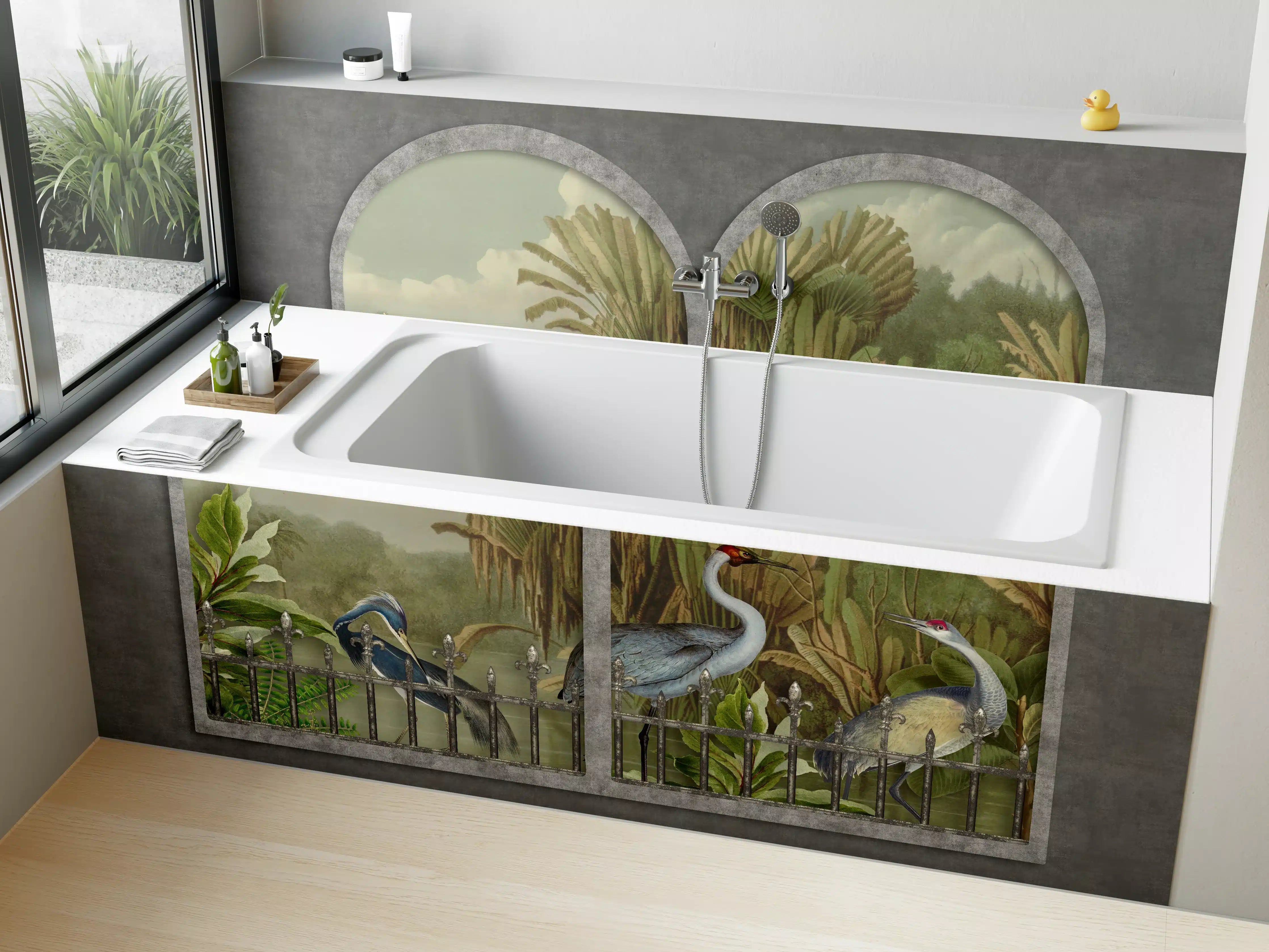 Badewannen-Rückwand - Exotische Kraniche Naturpanorama