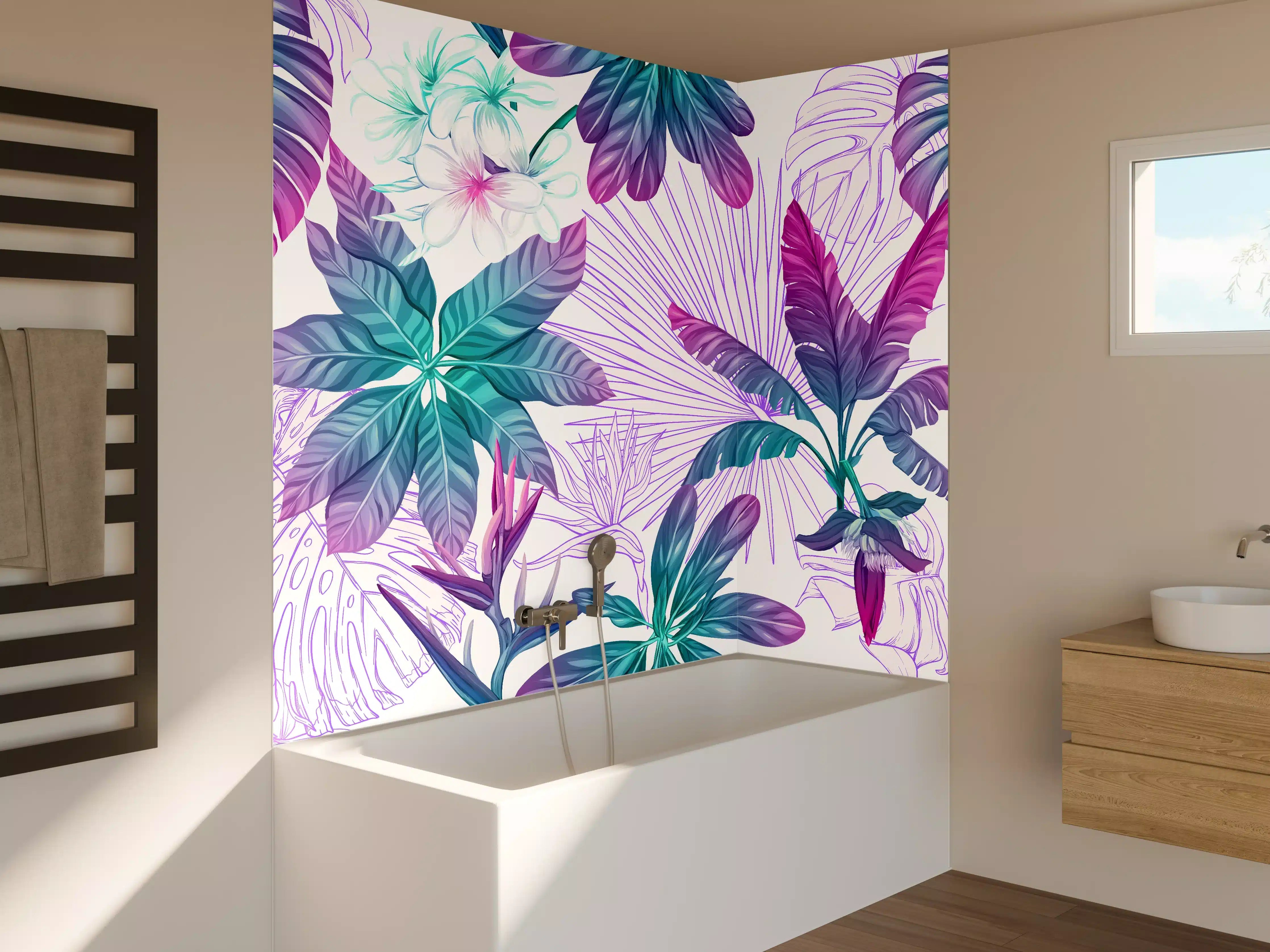 Badewannen-Rückwand - Exotische Pflanzenmuster Lila-Blau
