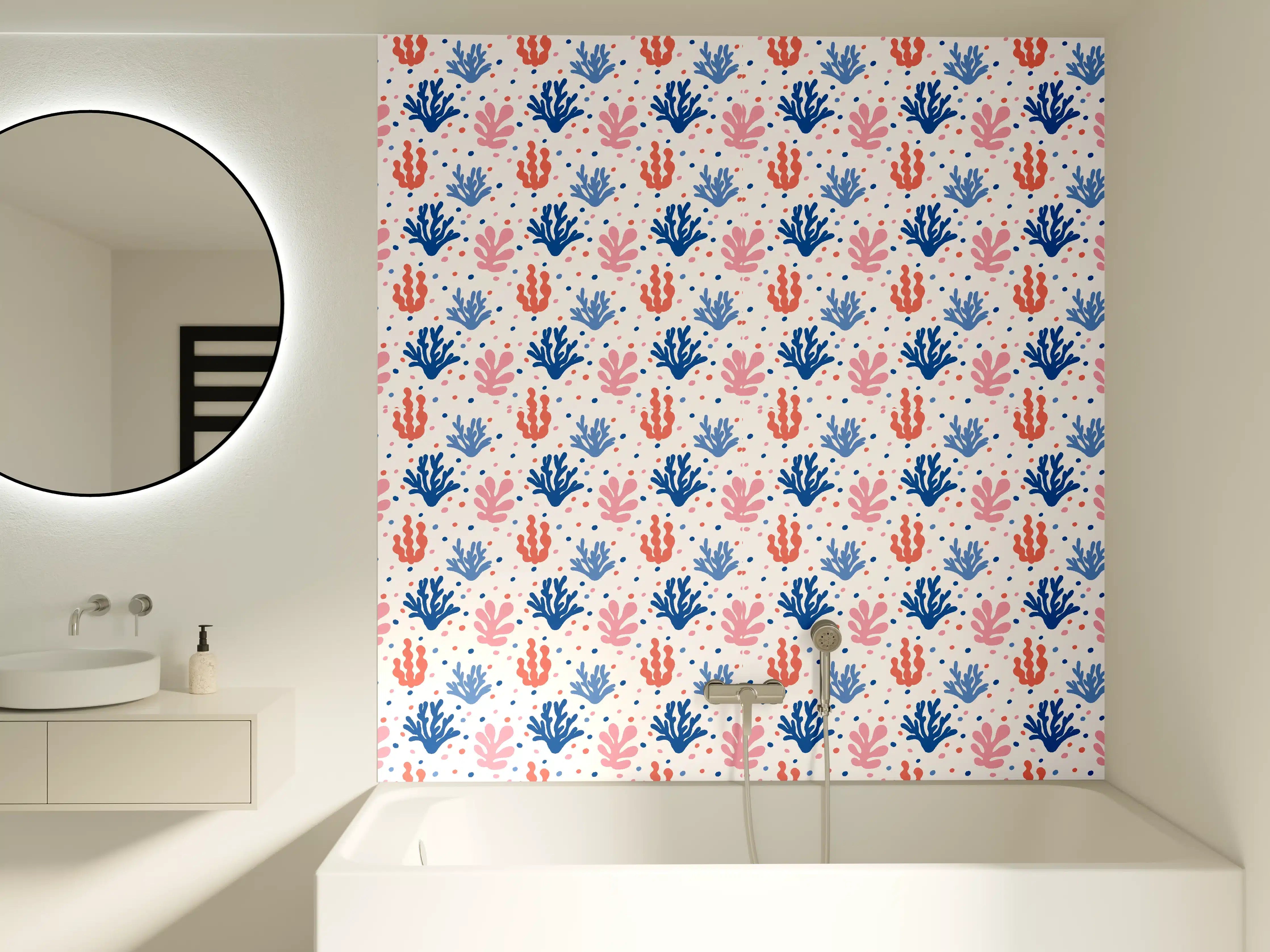 Badewannen-Rückwand - Exotisches Korallen-Design in Blau und Rosa