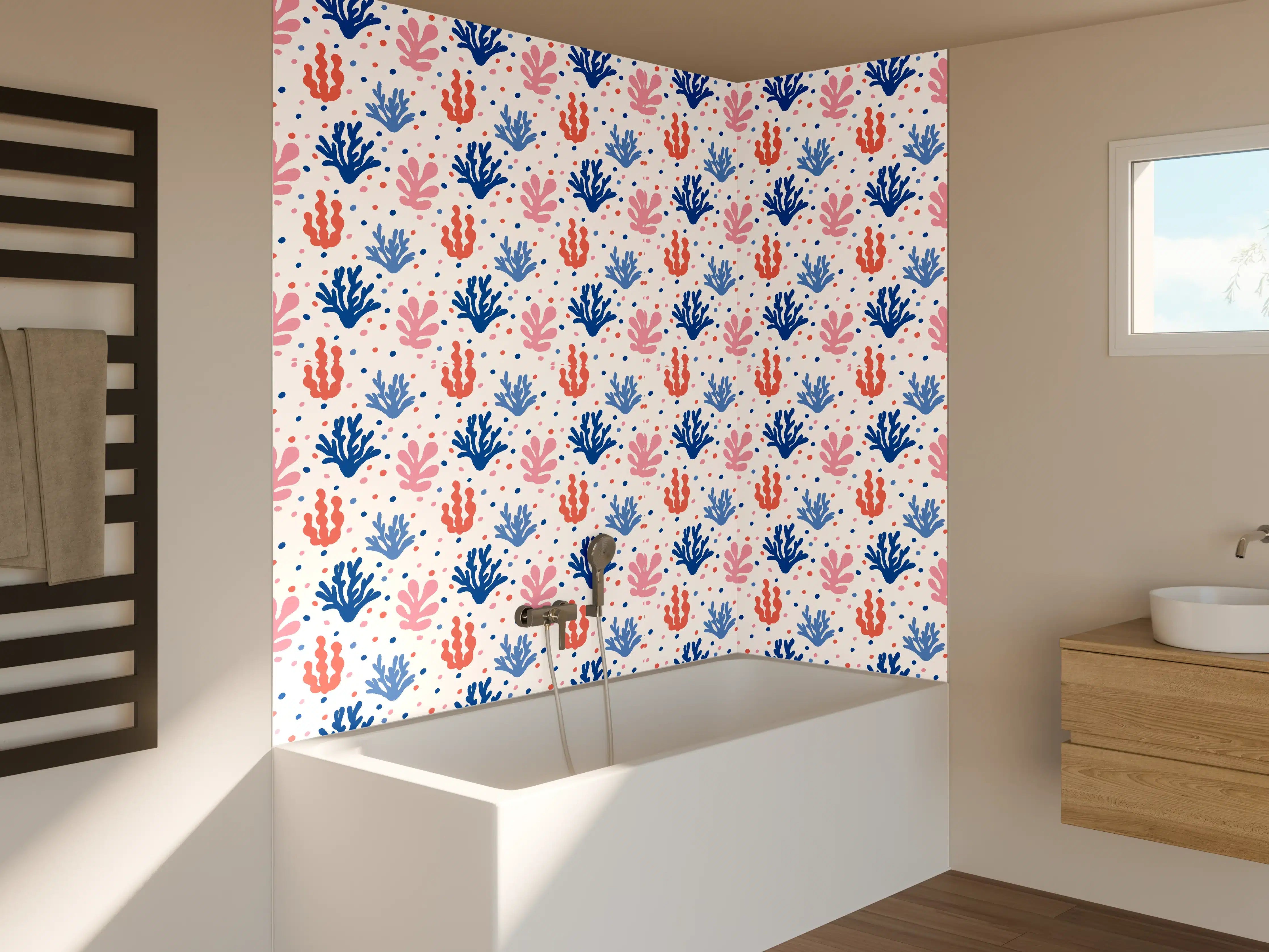 Badewannen-Rückwand - Exotisches Korallen-Design in Blau und Rosa