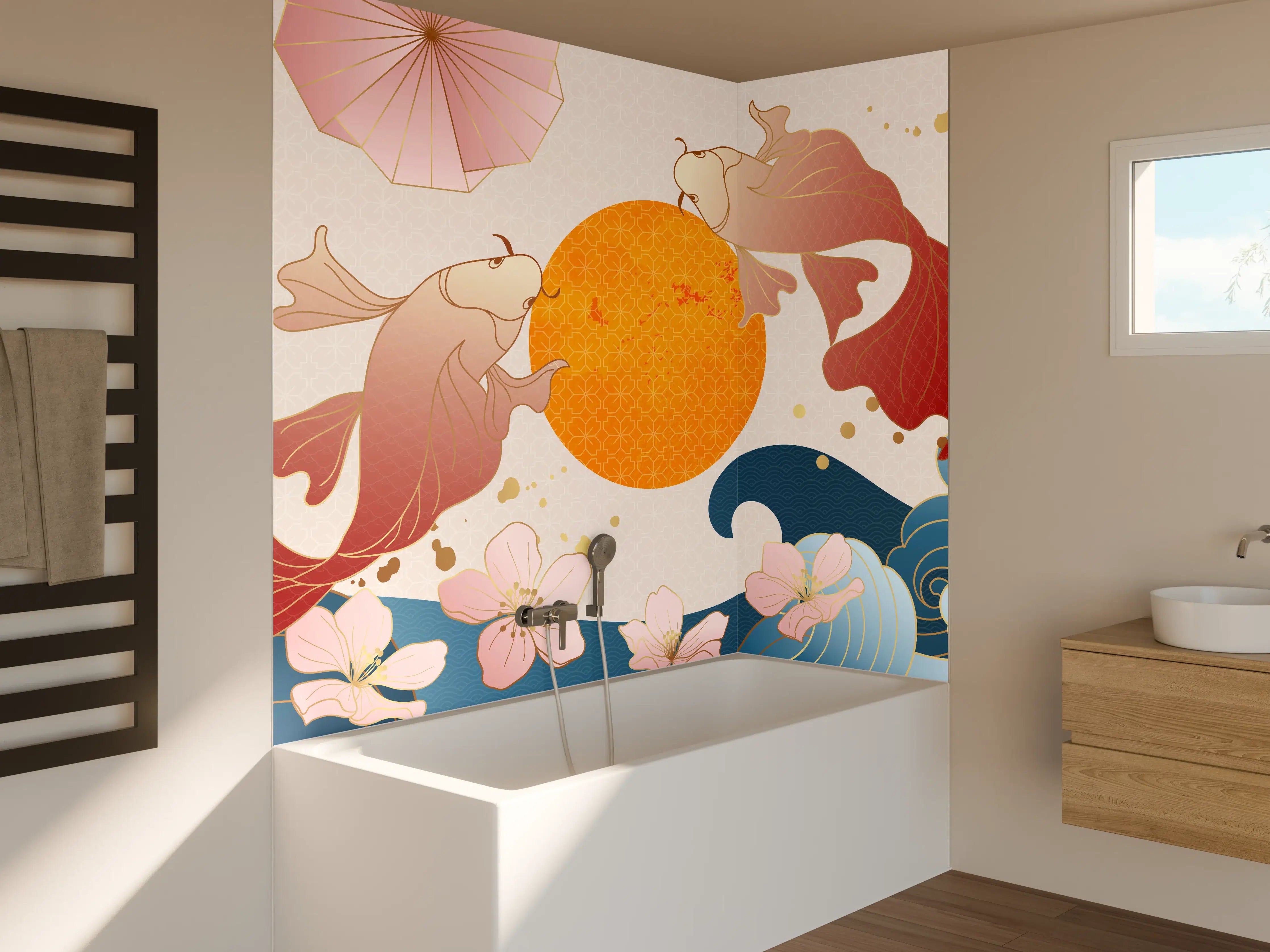 Badewannen-Rückwand - Farbenfrohe Koi-Illustration
