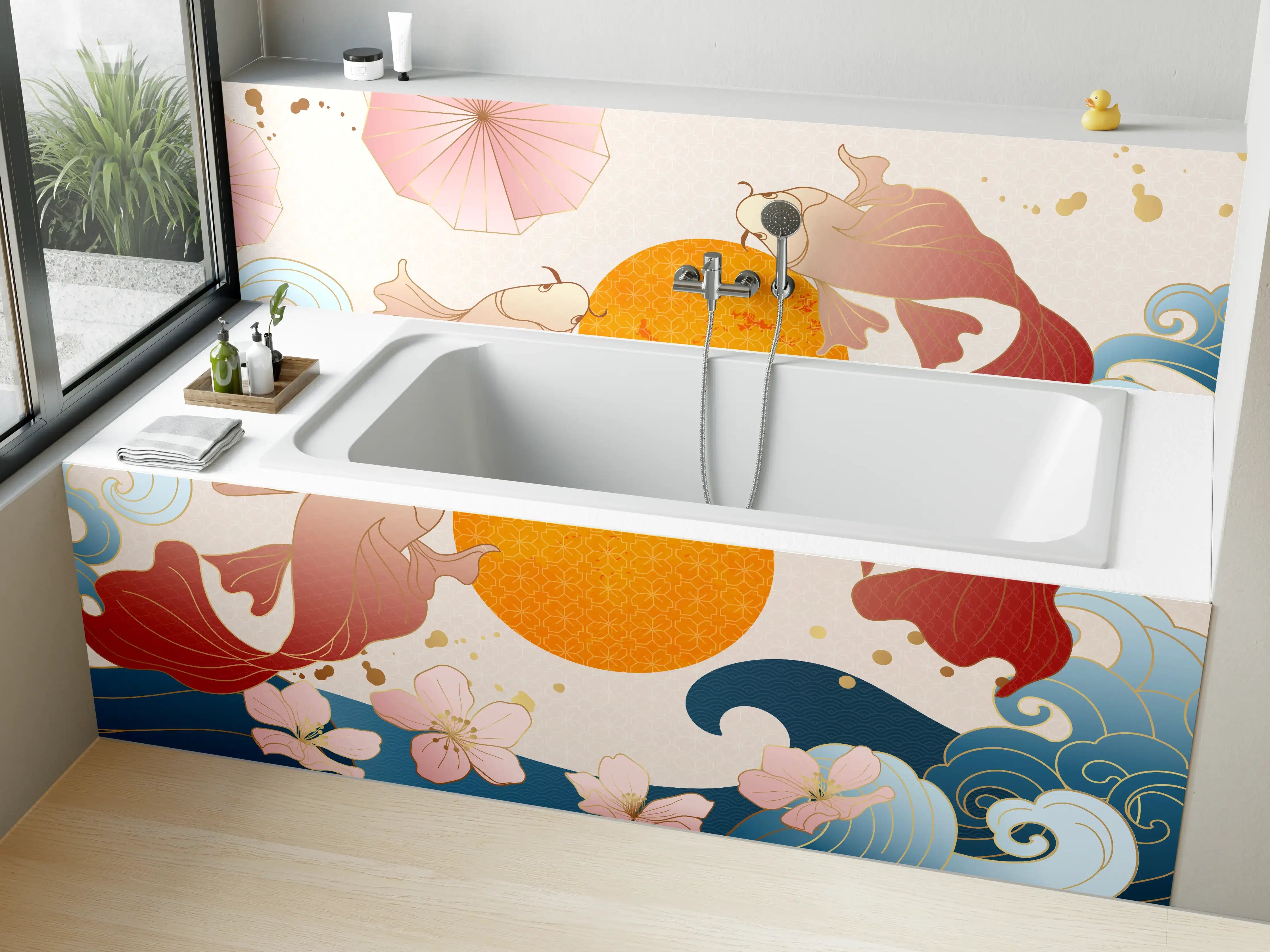 Badewannen-Rückwand - Farbenfrohe Koi-Illustration