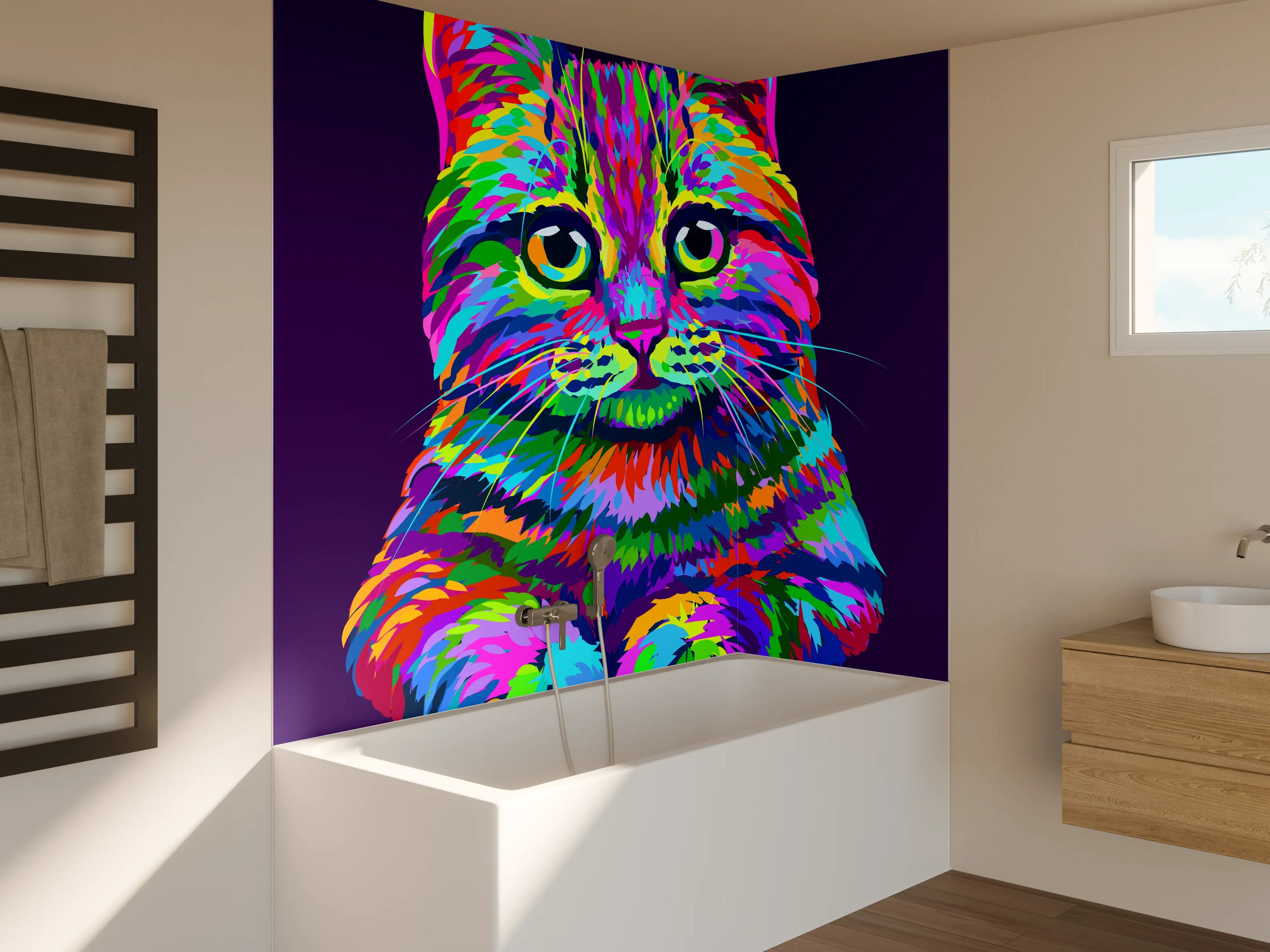 Badewannen-Rückwand - Farbenfrohe Neon-Katzen-Illustration