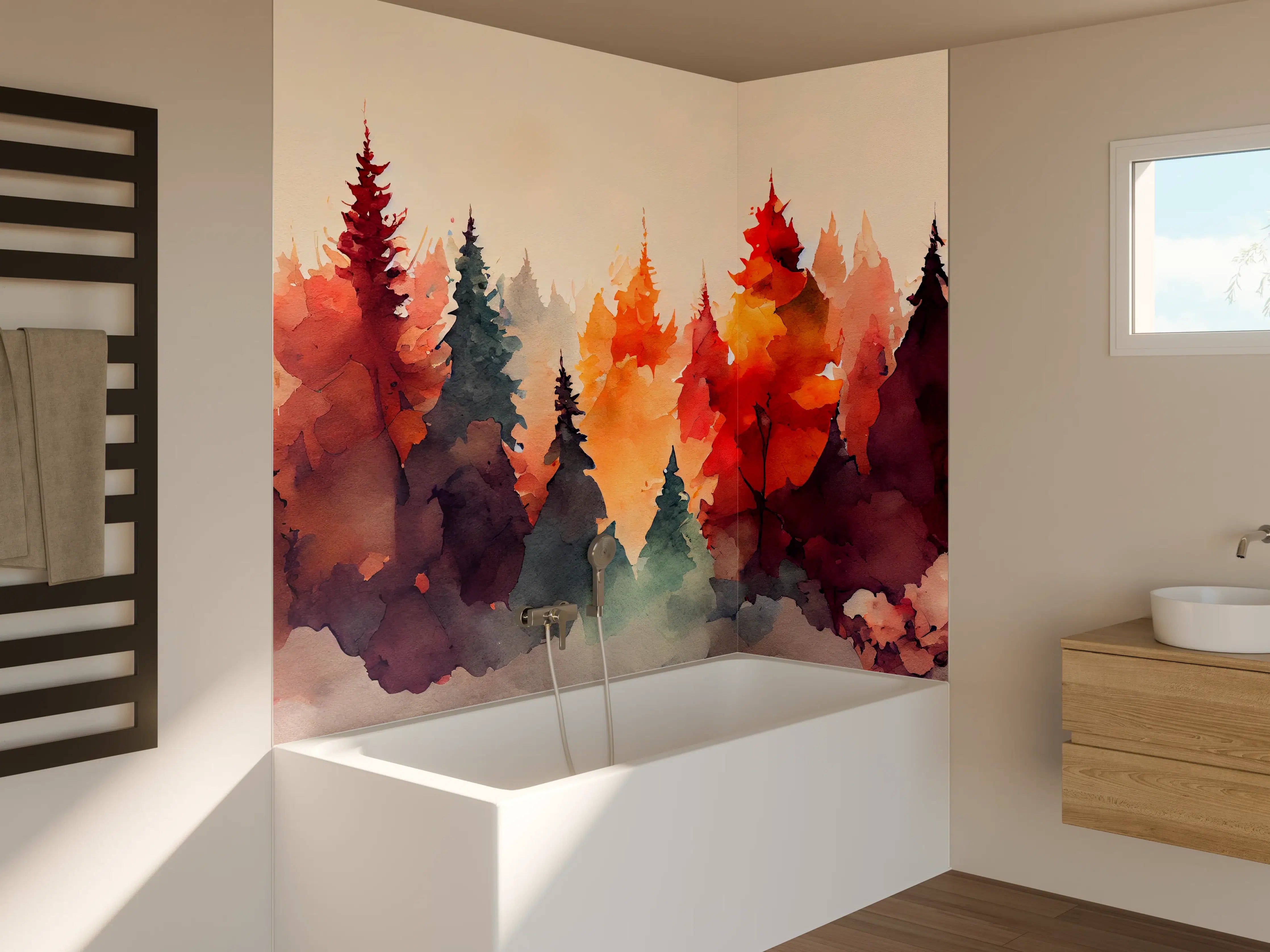 Badewannen-Rückwand - Farbenfroher Aquarell-Wald
