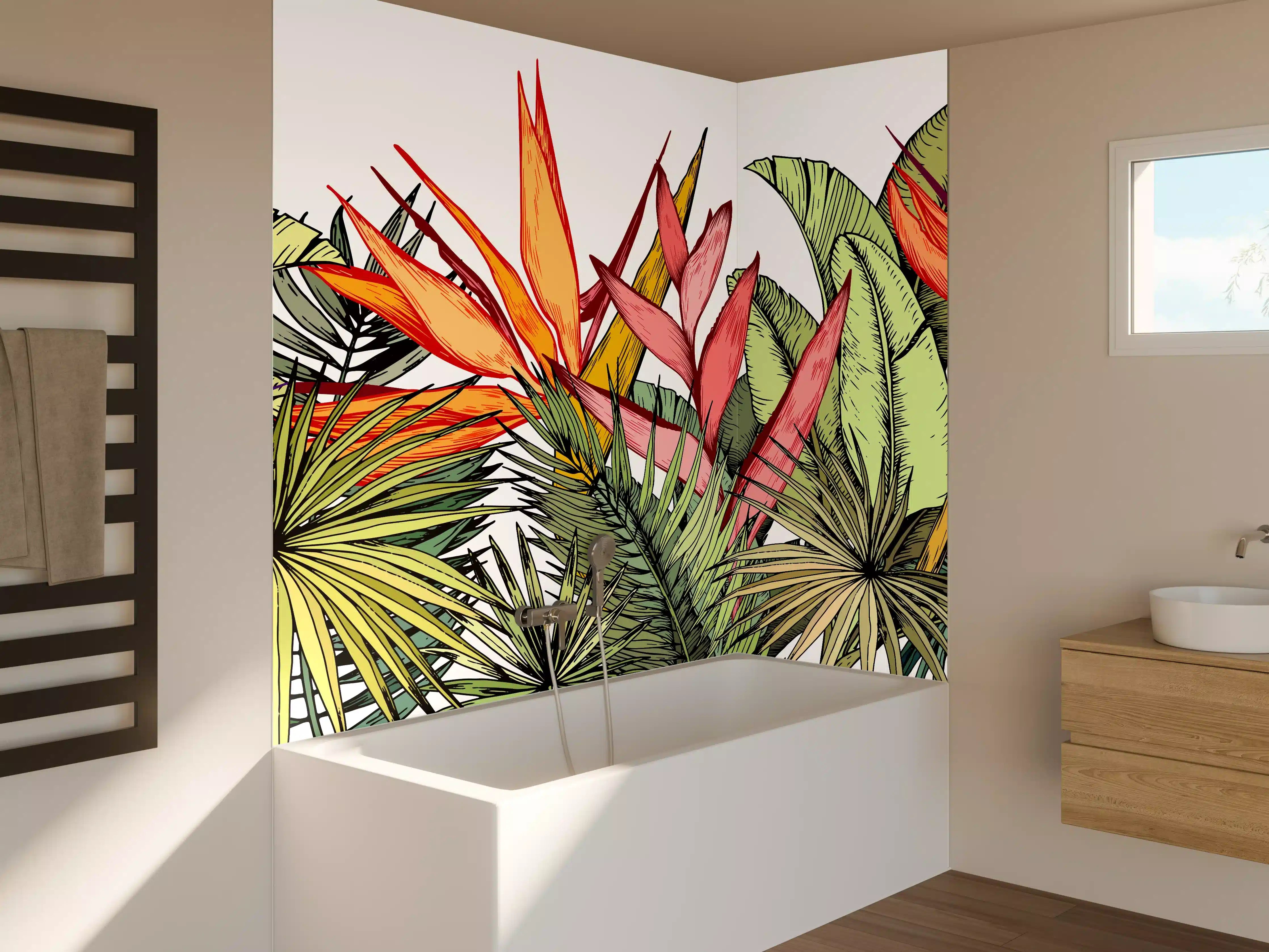 Badewannen-Rückwand - Farbenfroher Pflanzen-Print