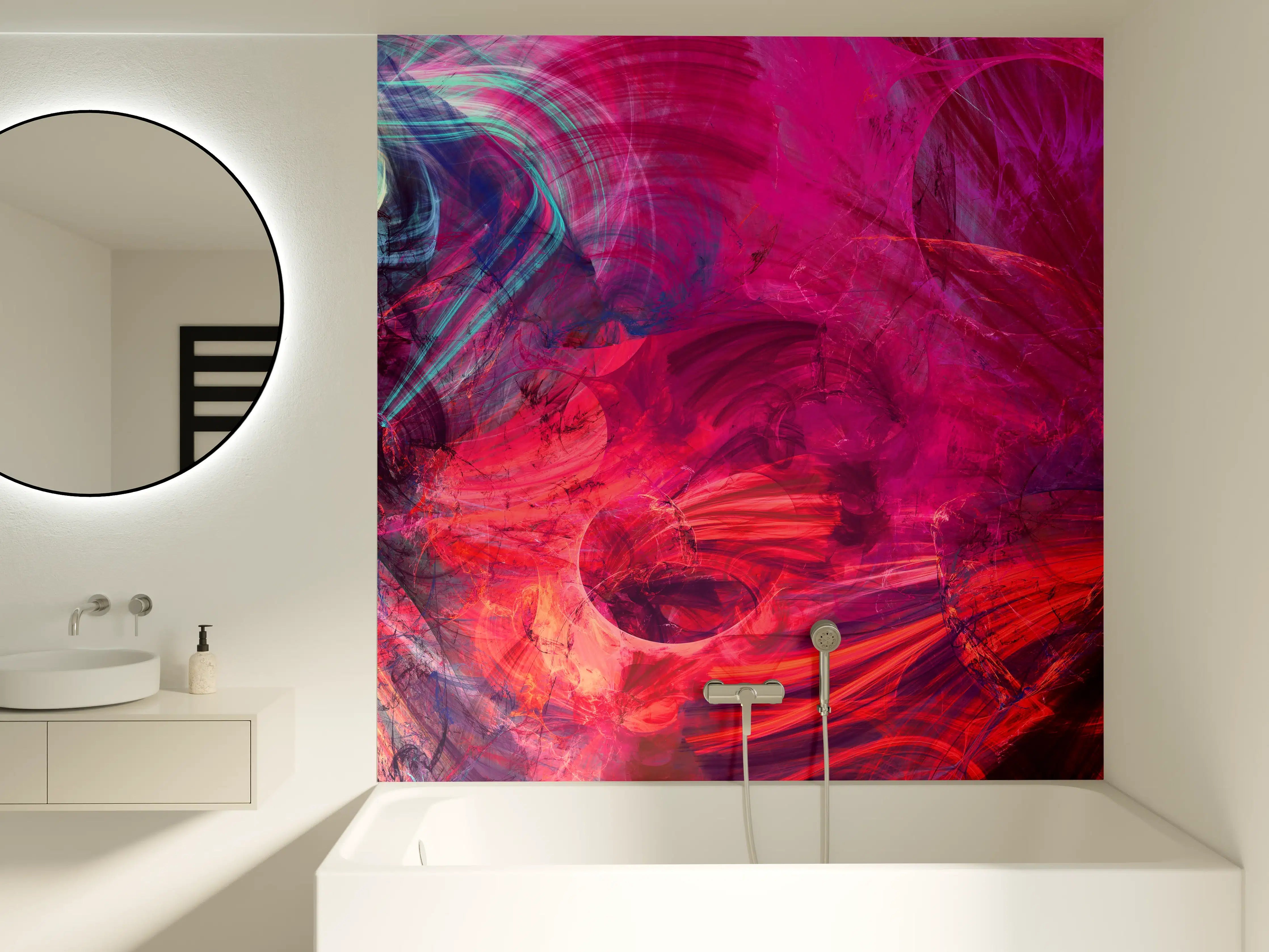 Badewannen-Rückwand - Farbintensives abstraktes Kunstwerk in Pink und Blau