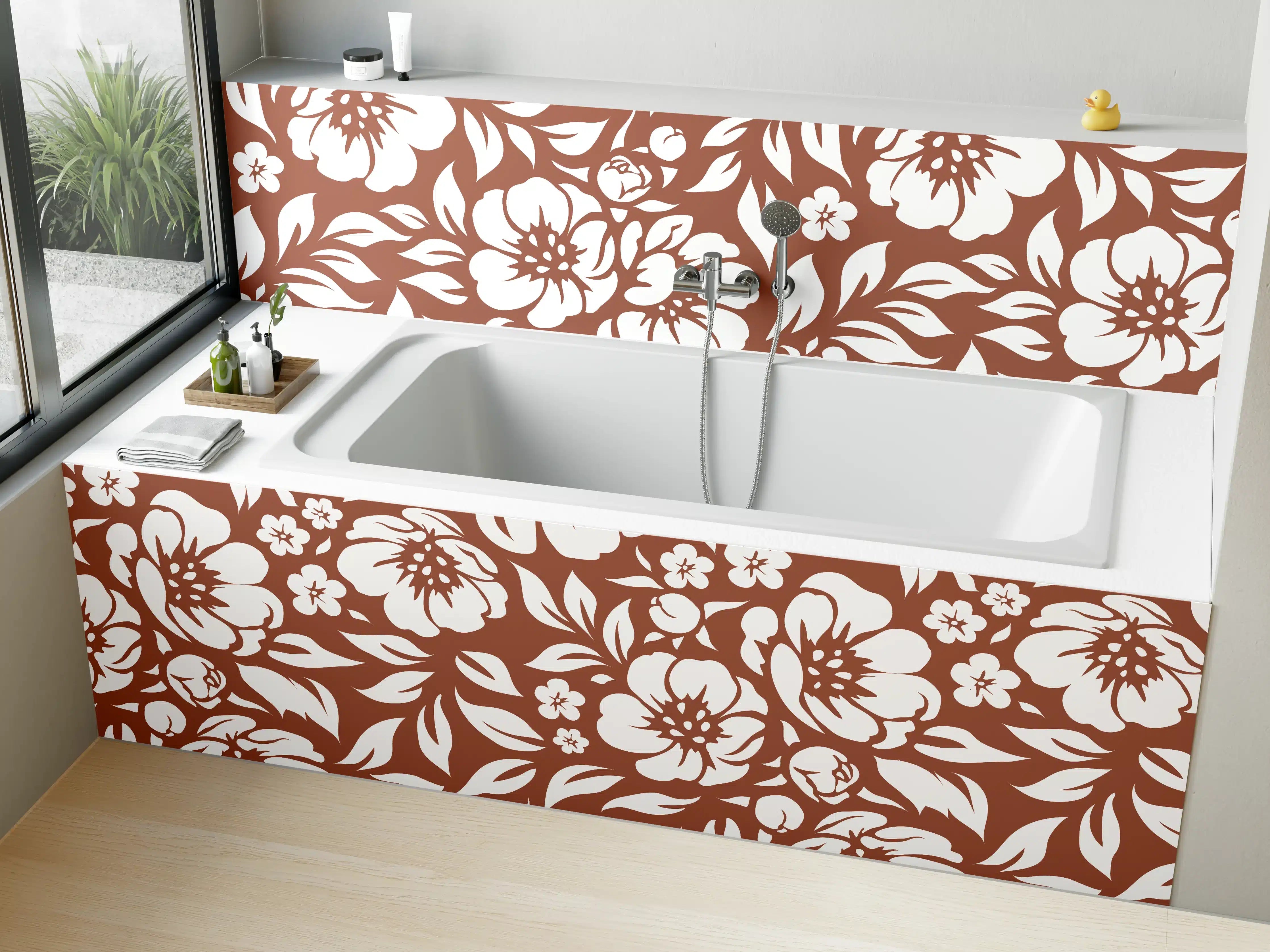 Badewannen-Rückwand - Feine Blumenmuster in Braun und Weiß