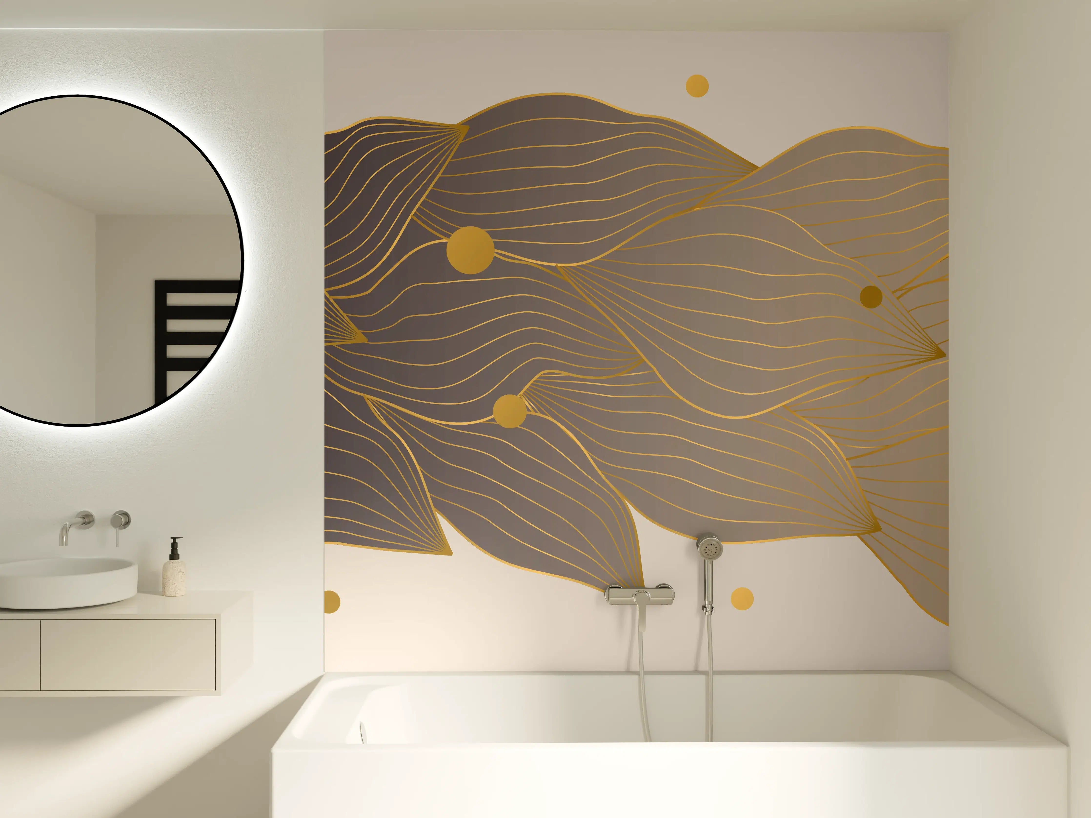 Badewannen-Rückwand - Feine Goldlinien Kunst auf weißem Untergrund