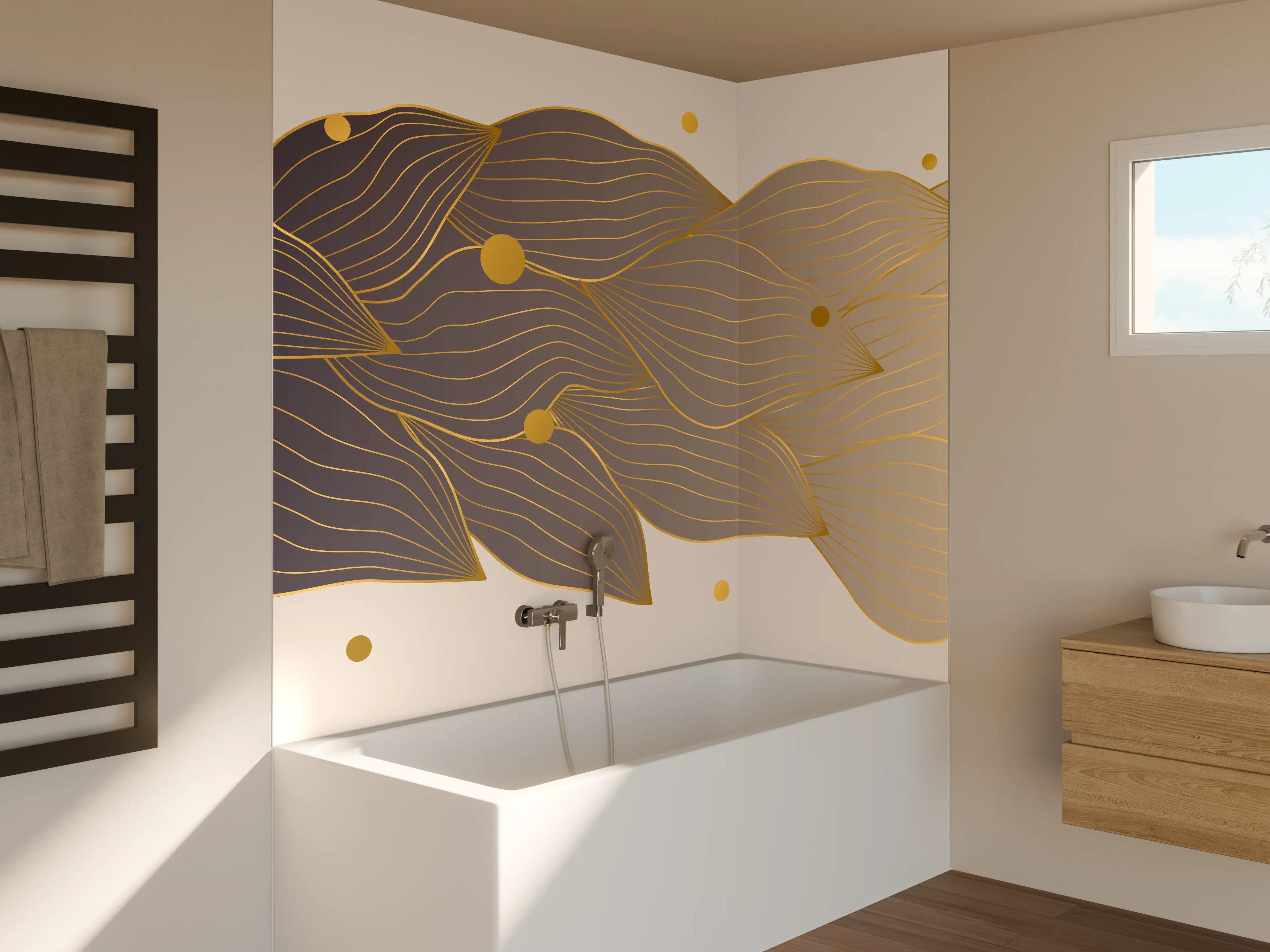 Badewannen-Rückwand - Feine Goldlinien Kunst auf weißem Untergrund