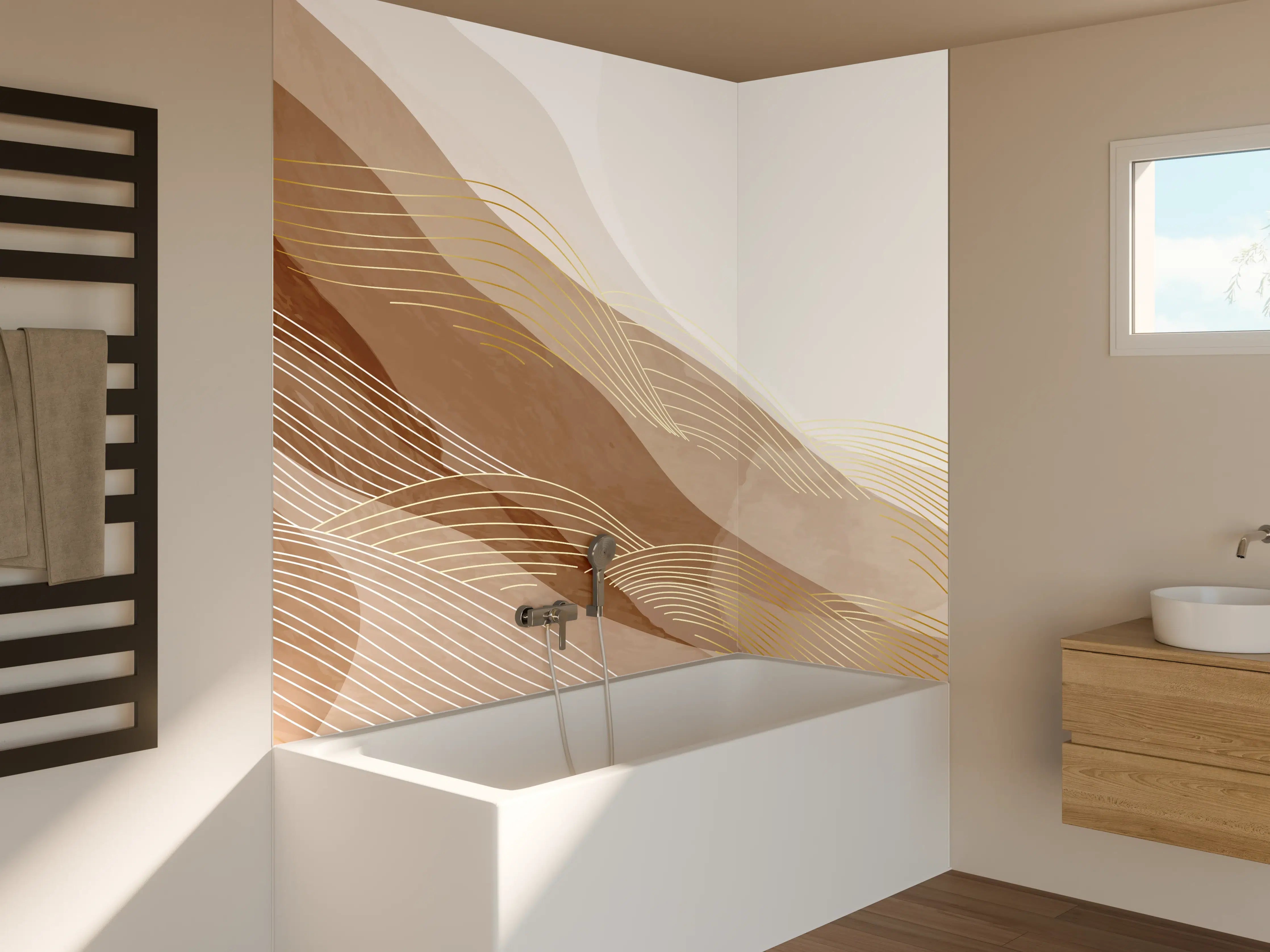 Badewannen-Rückwand - Feine Grau- und Beigetöne in abstrakter Kunst