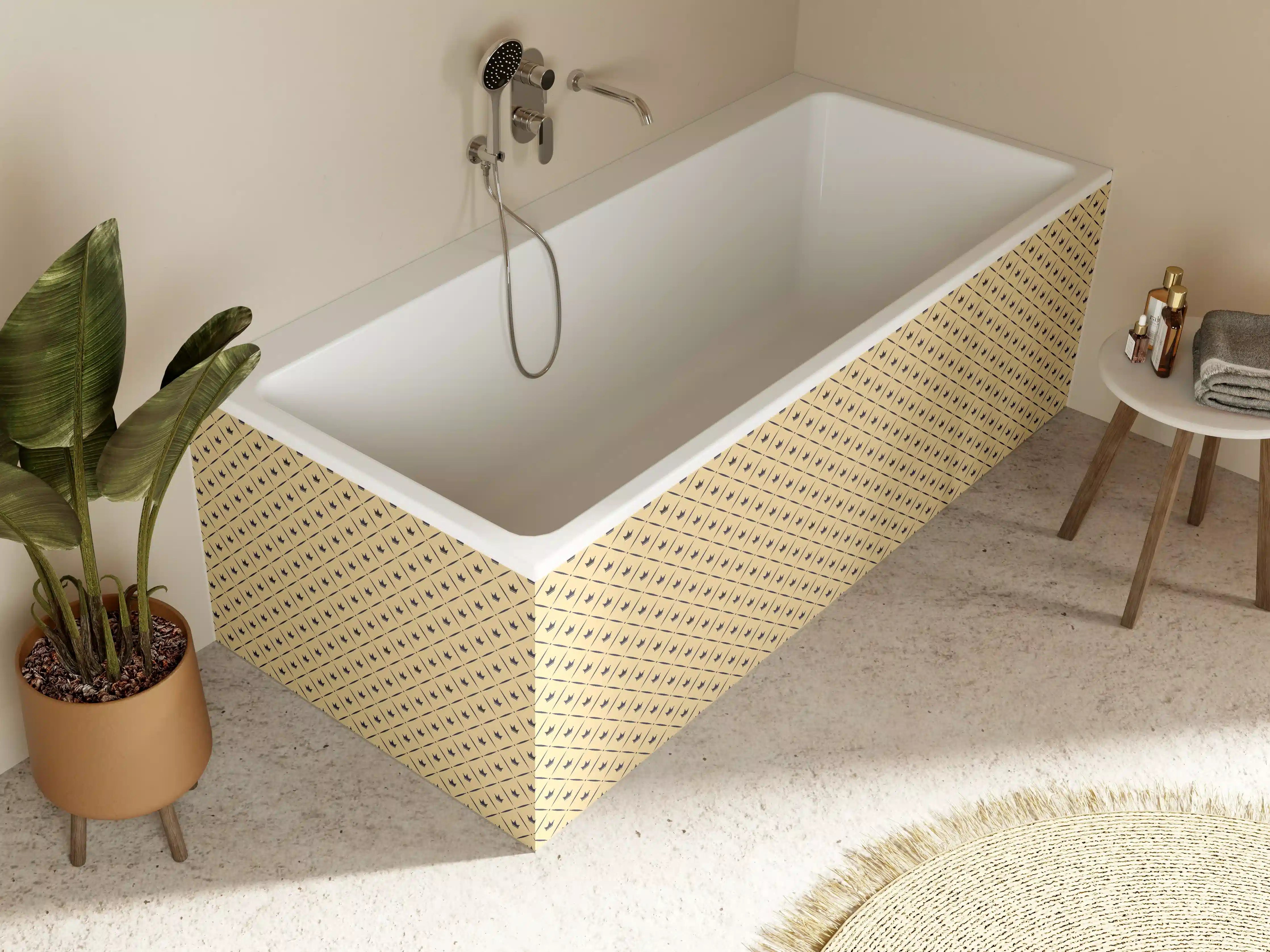 Badewannen-Rückwand - Feines geometrisches Muster in Gold und Grautönen