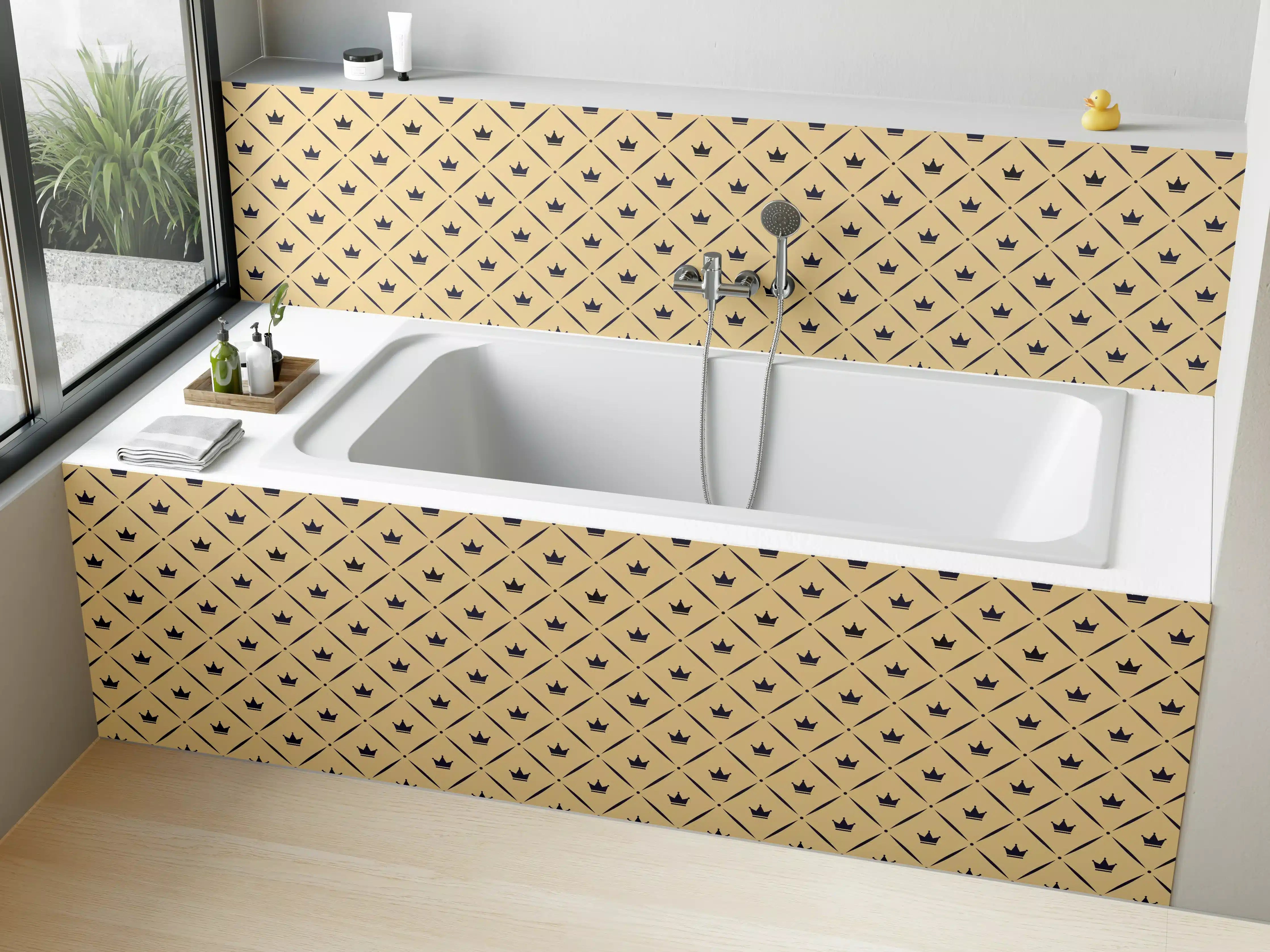 Badewannen-Rückwand - Feines geometrisches Muster in Gold und Grautönen