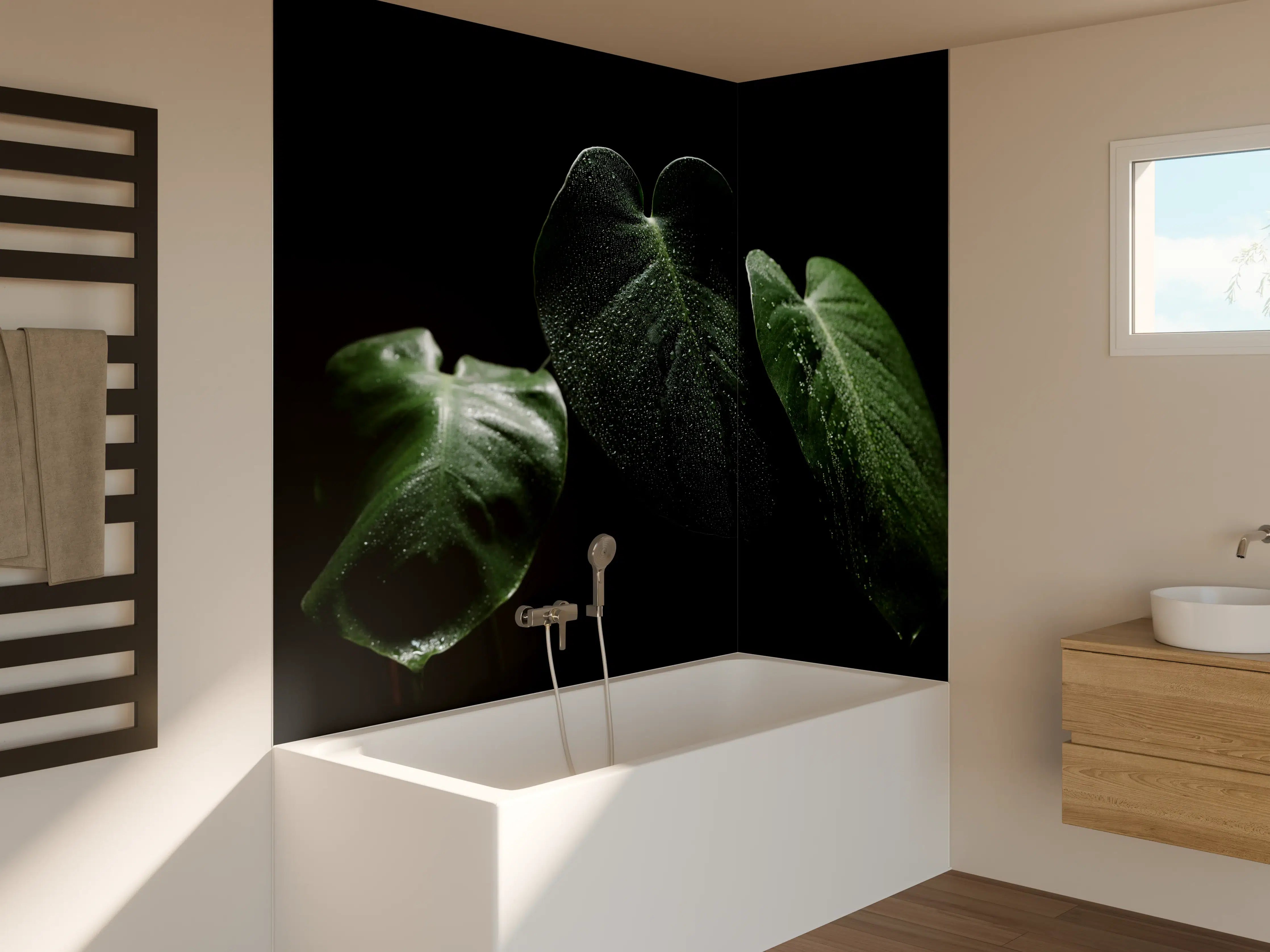 Badewannen-Rückwand - Feuchtes Blatt auf schwarzem Hintergrund