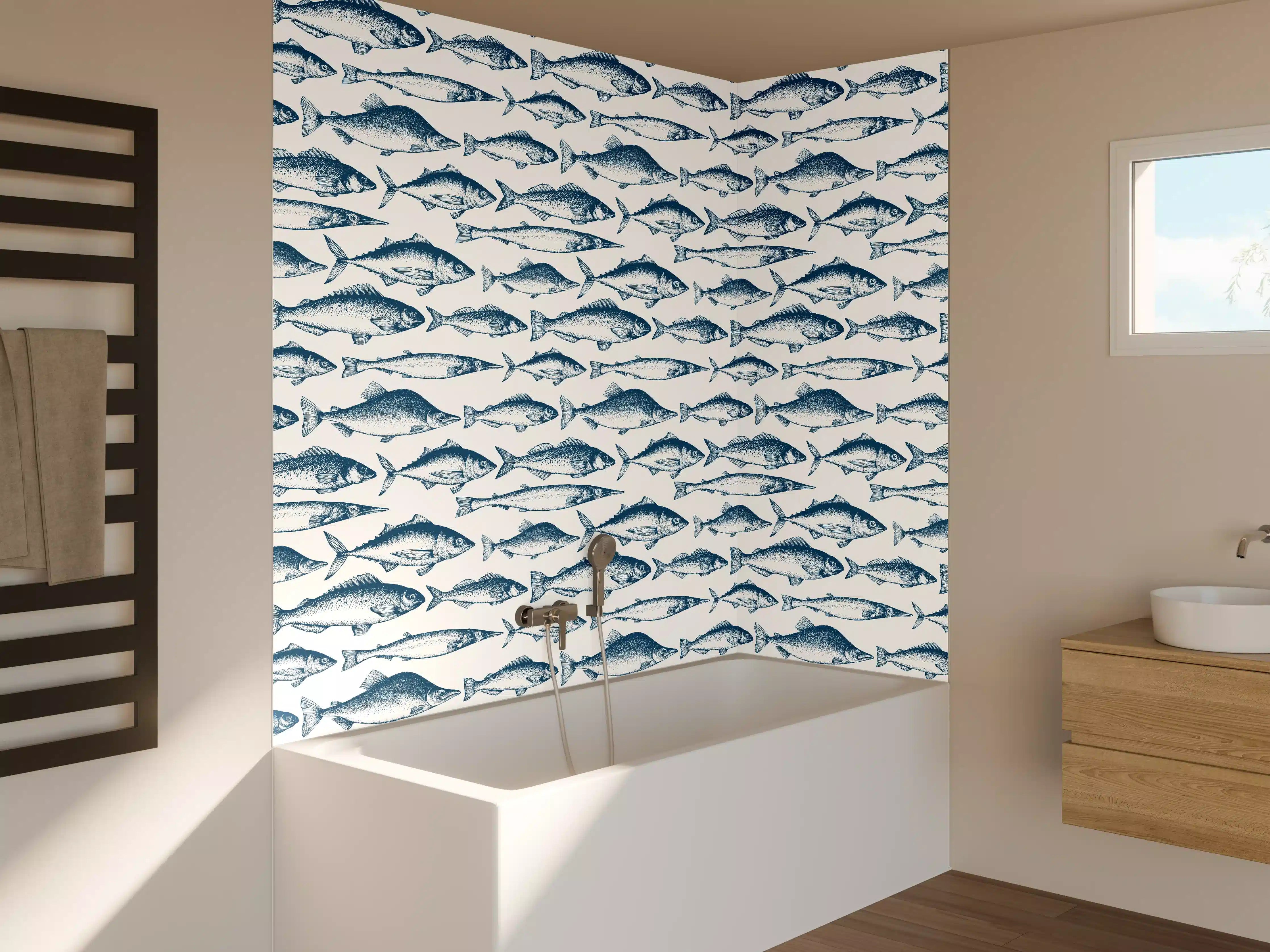 Badewannen-Rückwand - Fisch-Design in Blau und Weiß