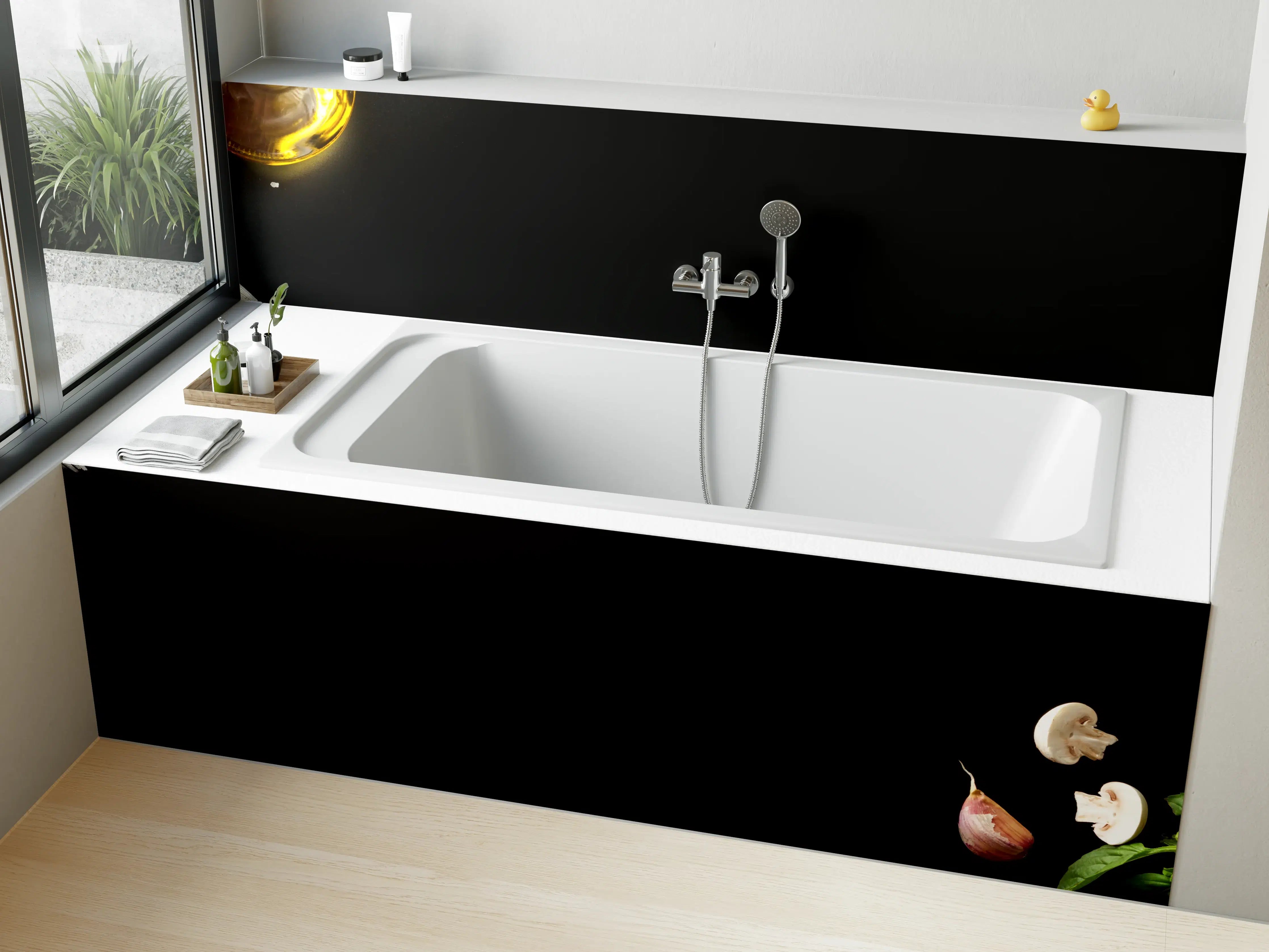 Badewannen-Rückwand - Fischzutaten auf schwarzem Hintergrund