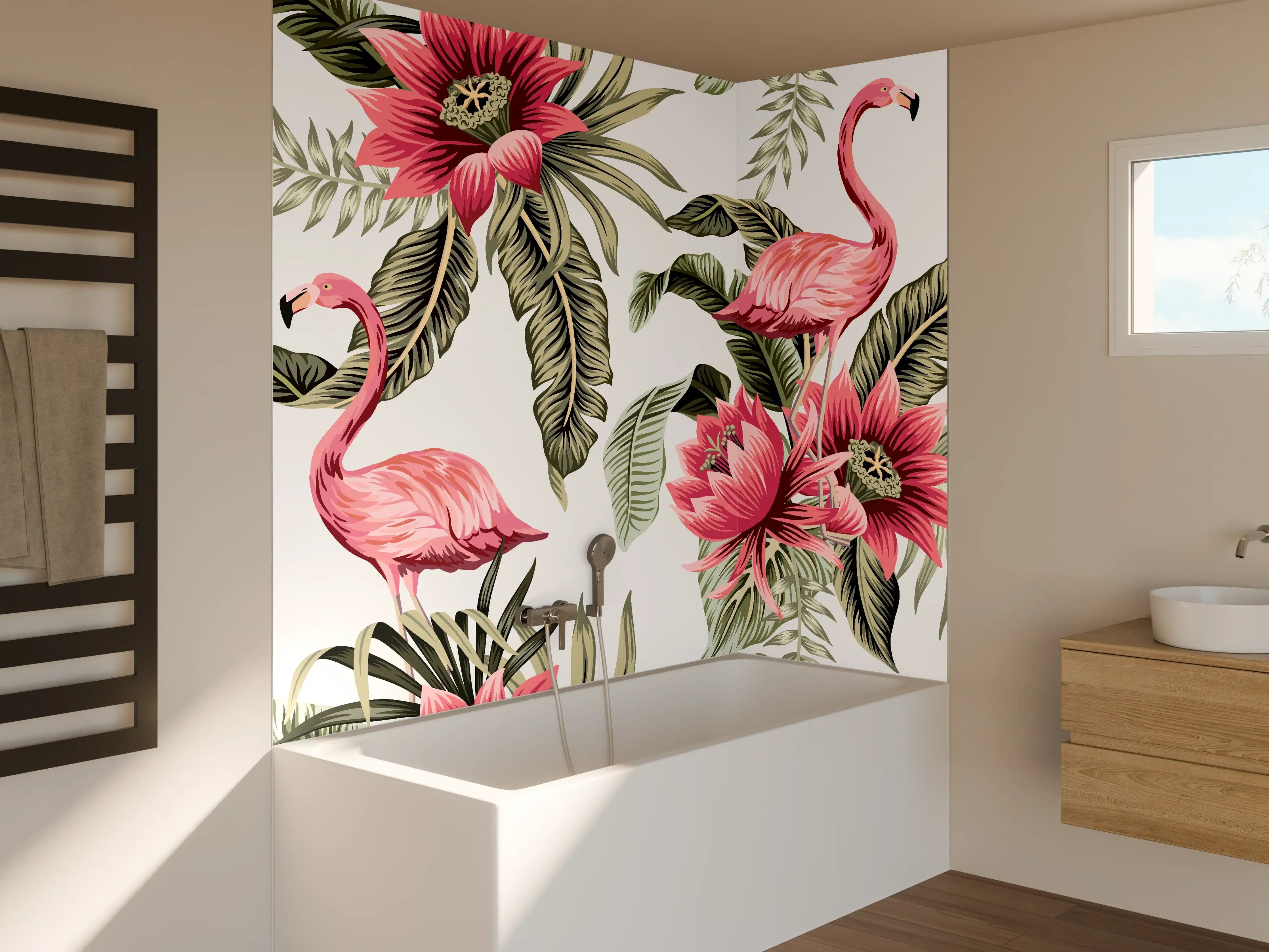 Badewannen-Rückwand - Flamingo & Tropenblumen Muster