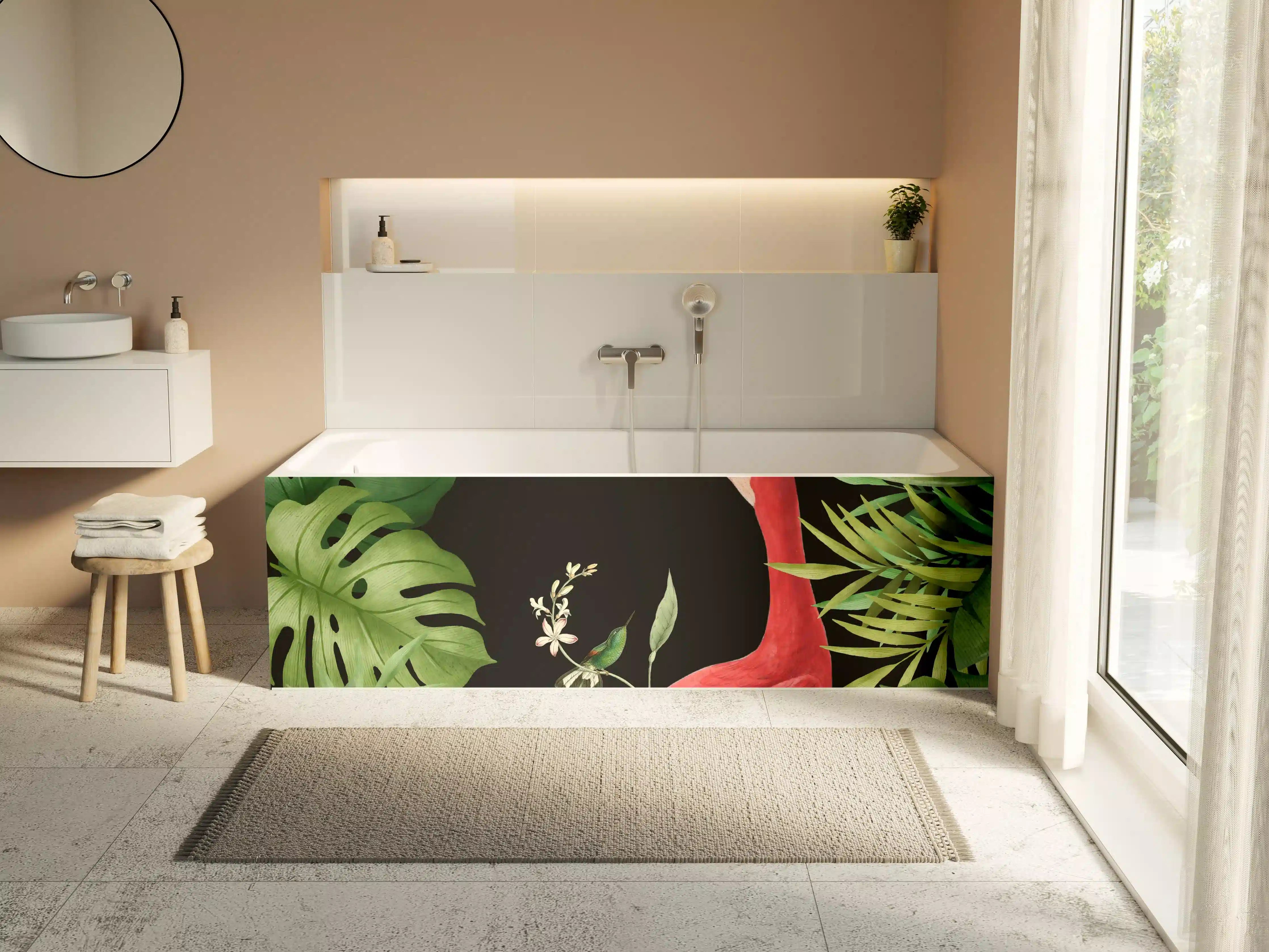 Badewannen-Rückwand - Flamingo im Pflanzenrahmen