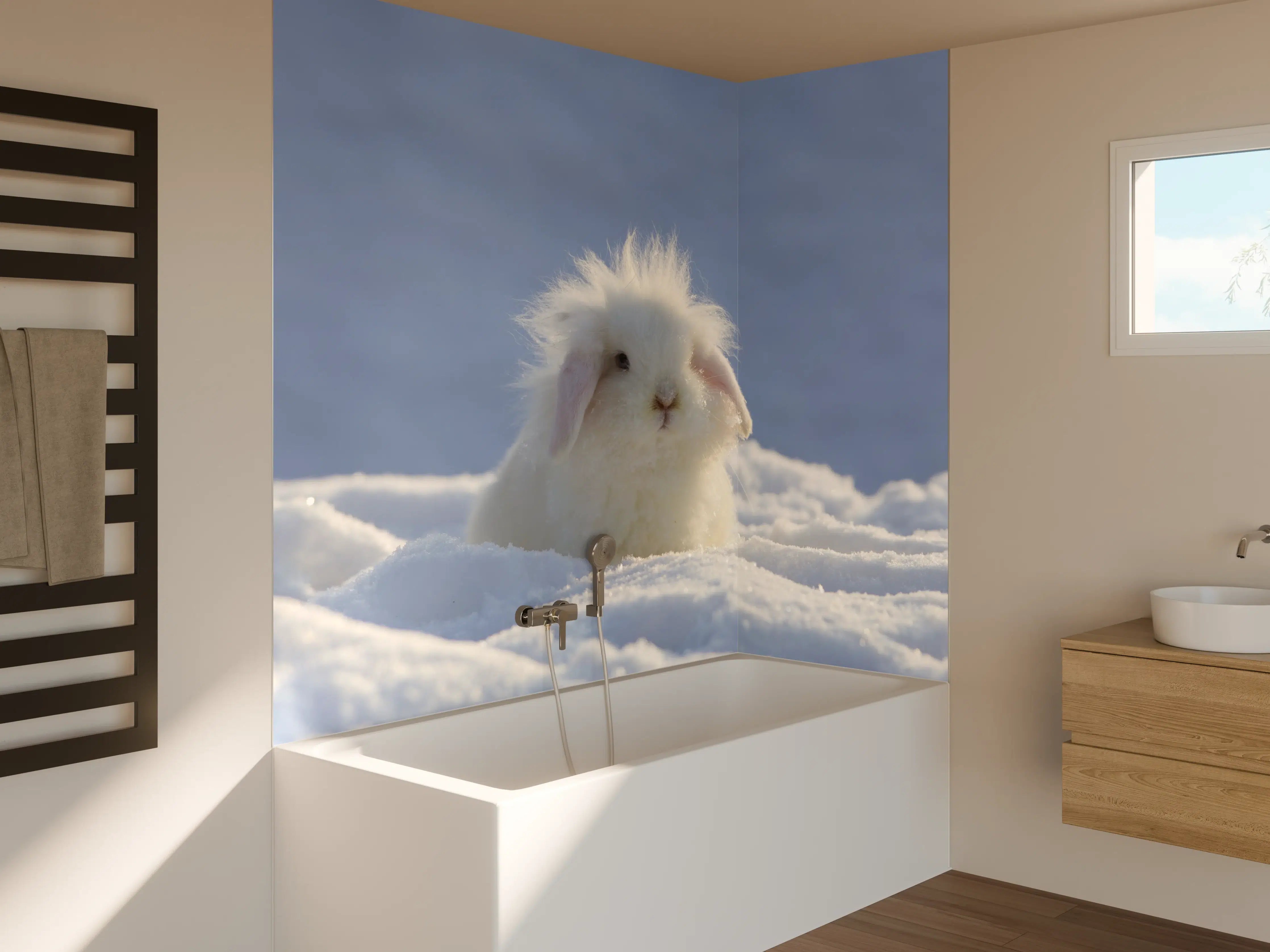 Badewannen-Rückwand - Flauschiges Kaninchen im Schnee