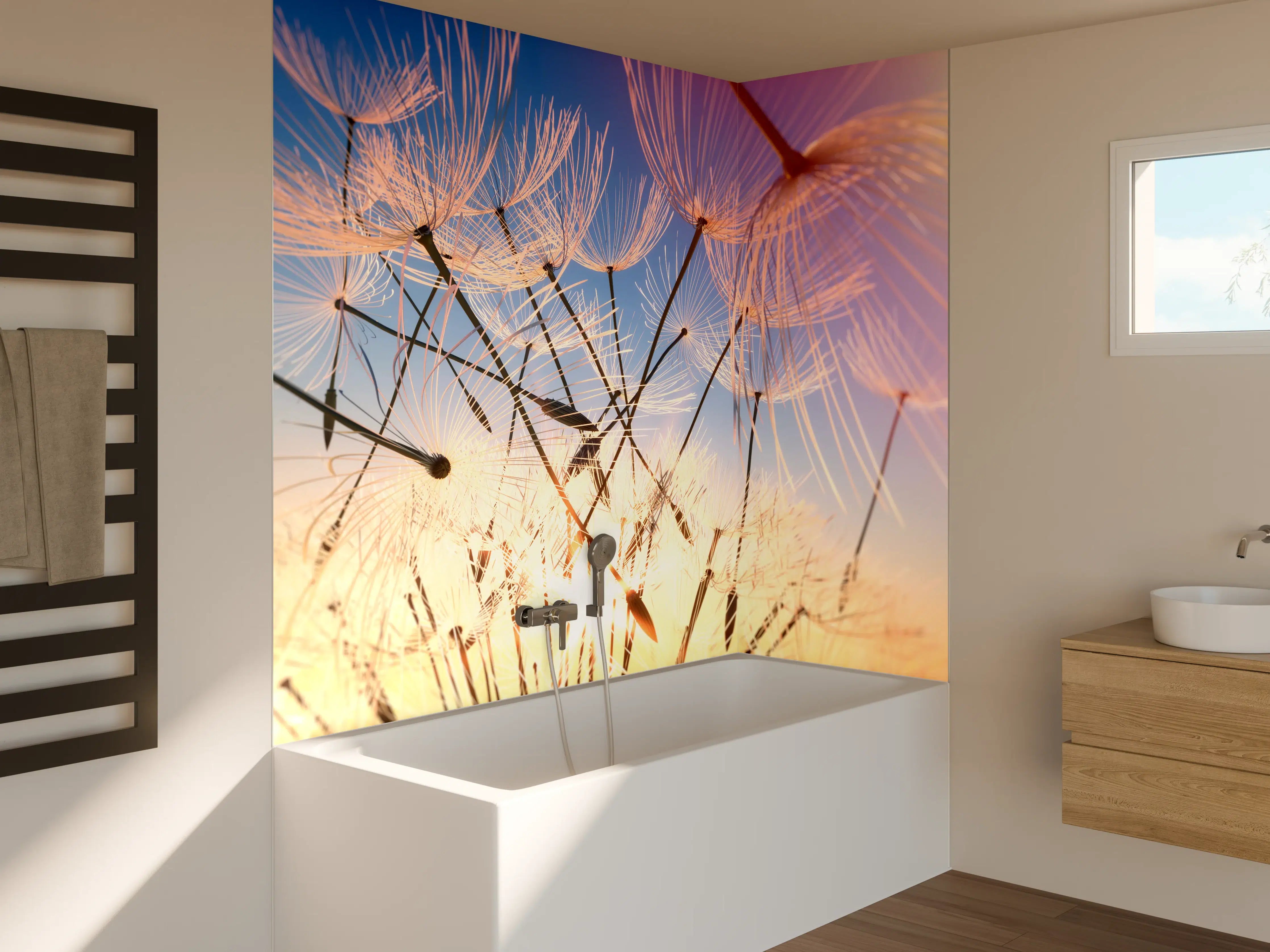 Badewannen-Rückwand - Fliegende Pusteblumen in Nahaufnahme