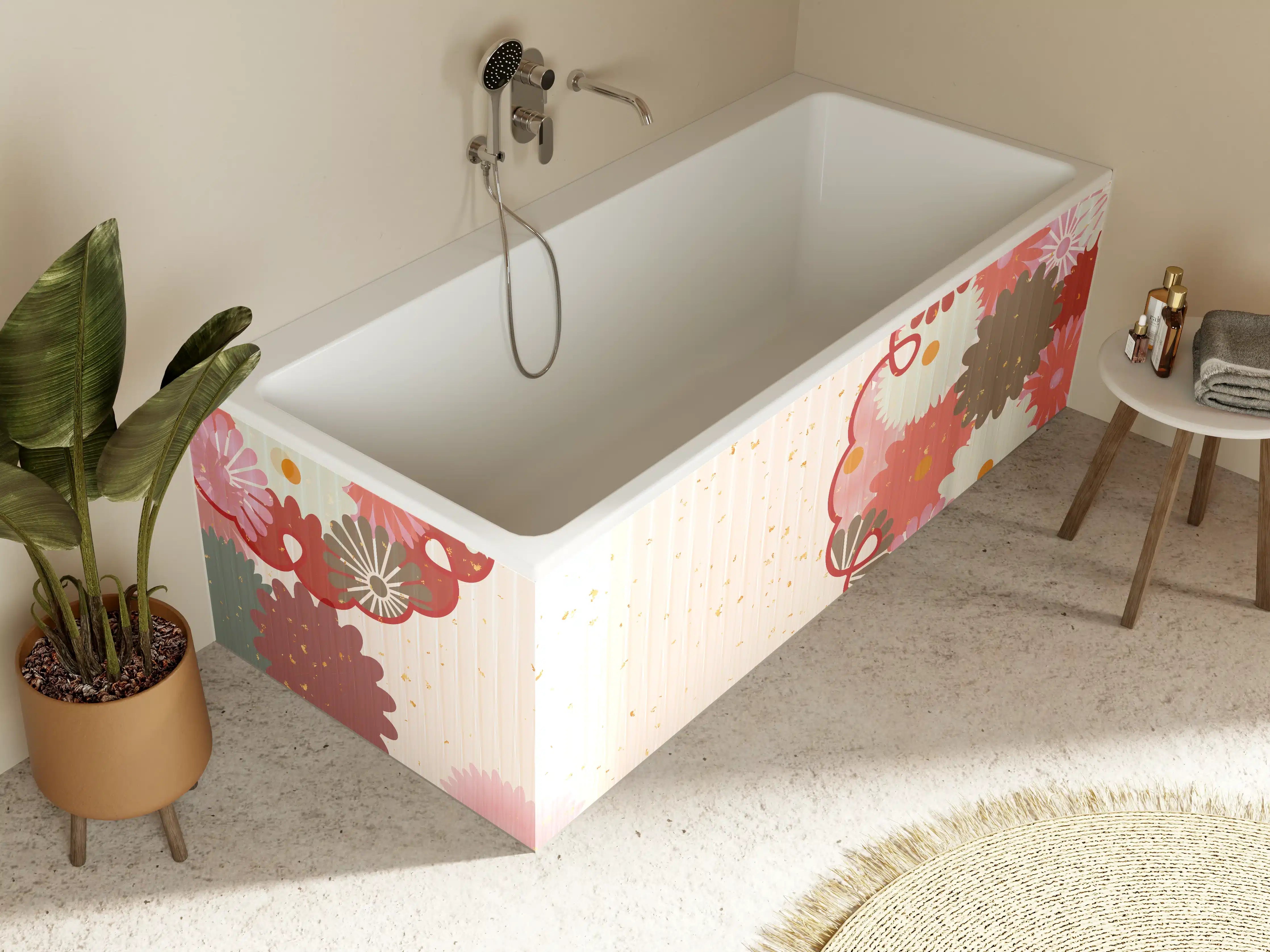 Badewannen-Rückwand - Floral Blumenmuster Beige Rot