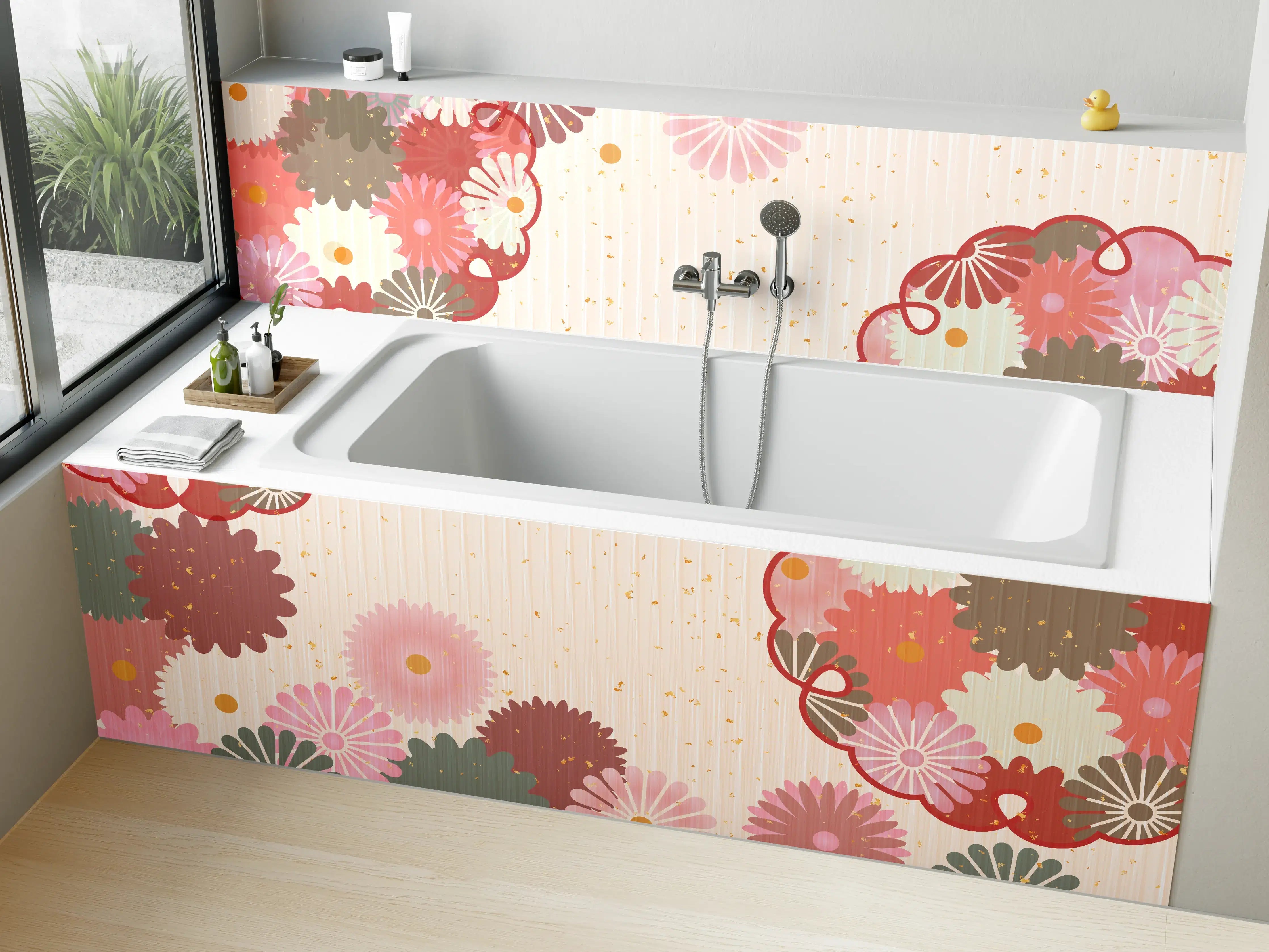Badewannen-Rückwand - Floral Blumenmuster Beige Rot