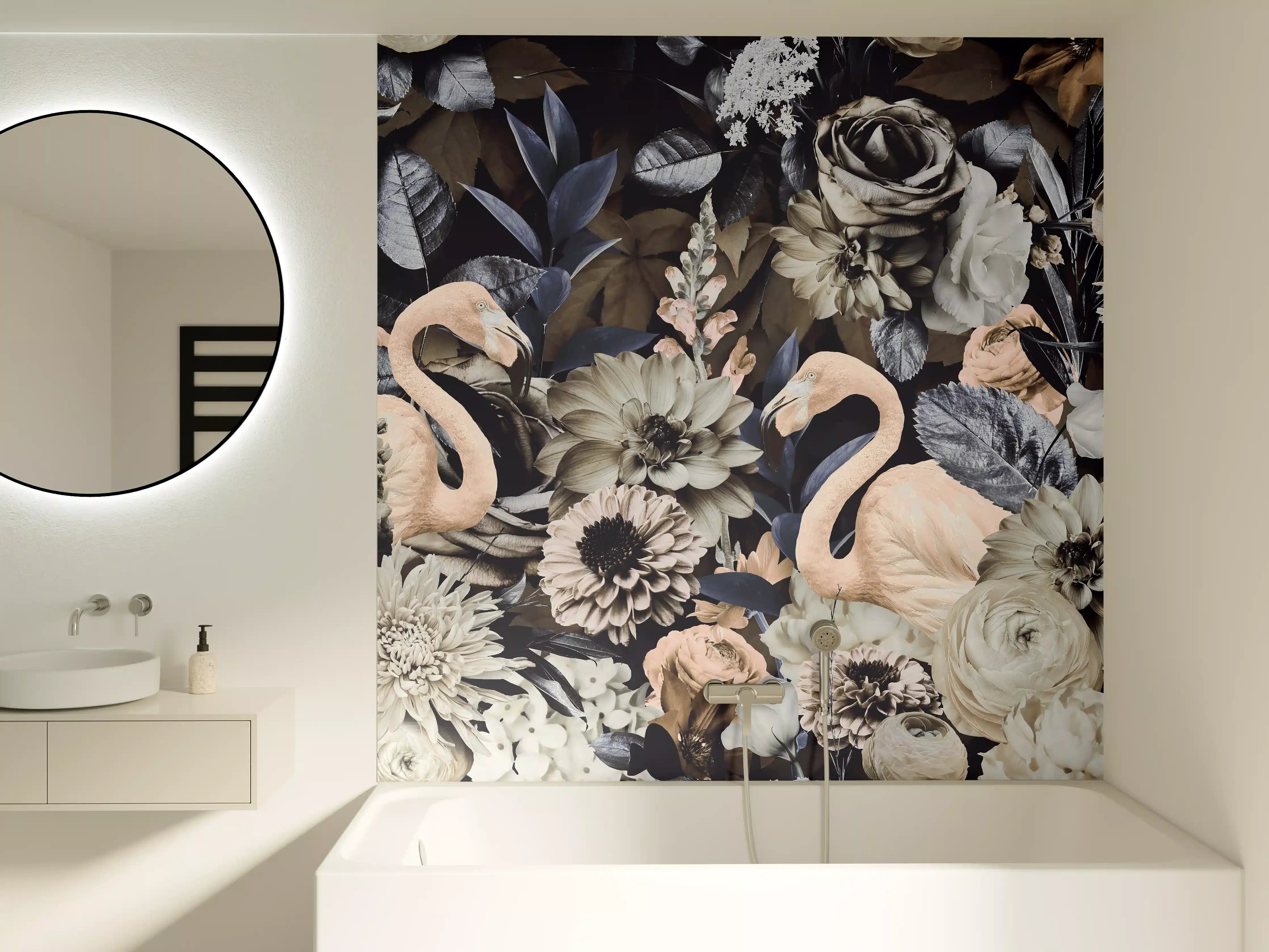 Badewannen-Rückwand - Floral-Flamingo Muster Grau-Weiß