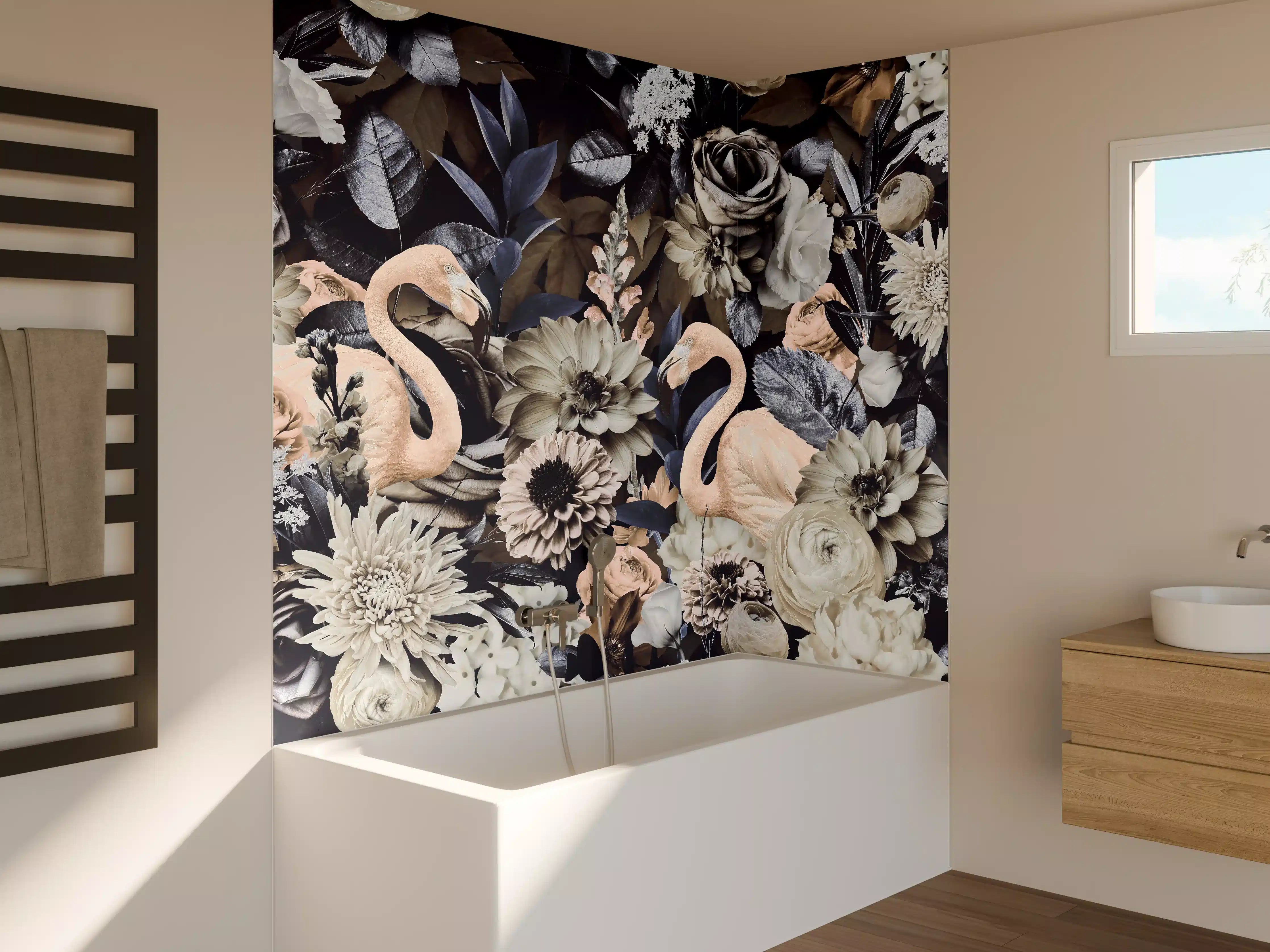 Badewannen-Rückwand - Floral-Flamingo Muster Grau-Weiß