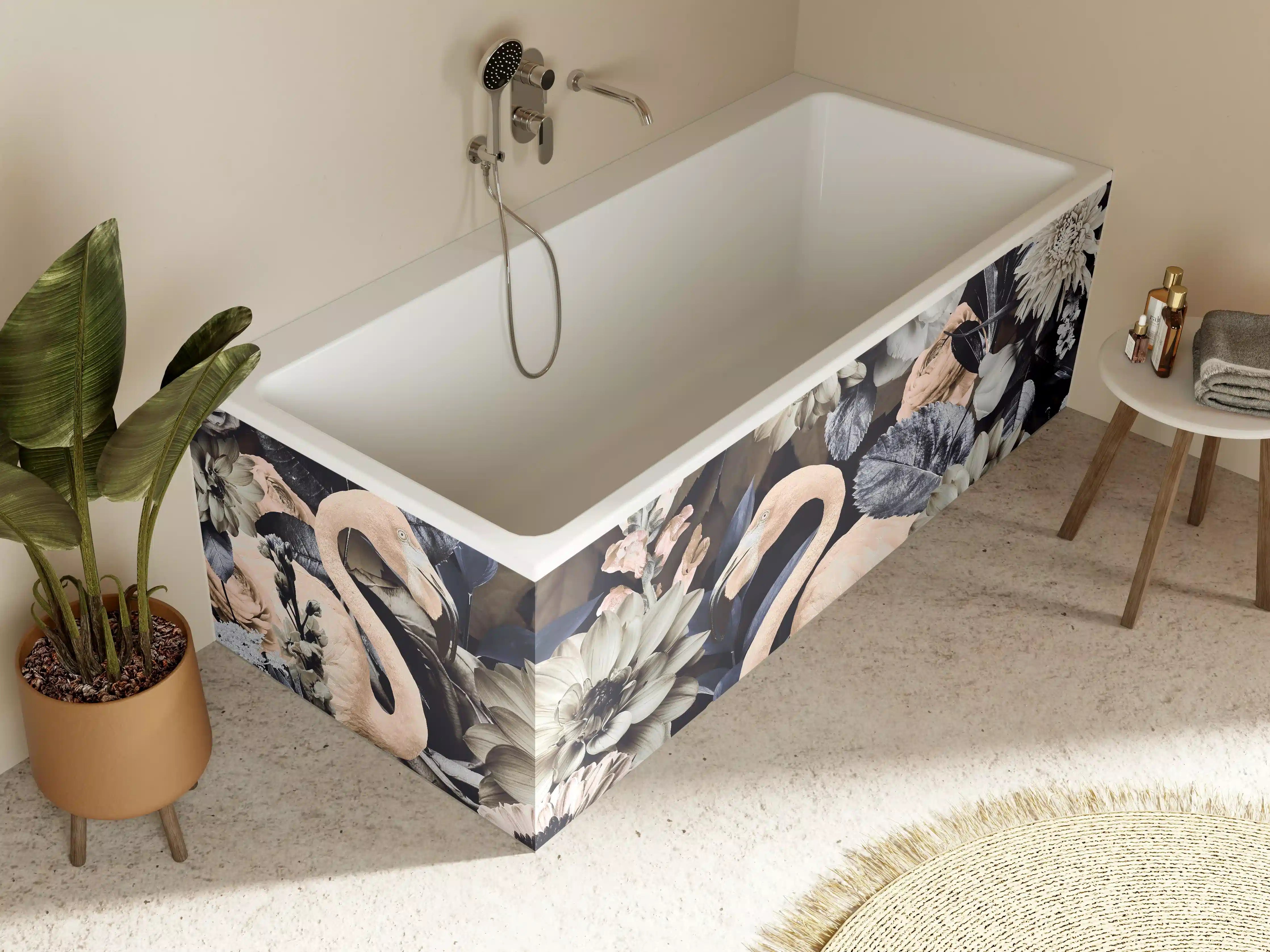 Badewannen-Rückwand - Floral-Flamingo Muster Grau-Weiß