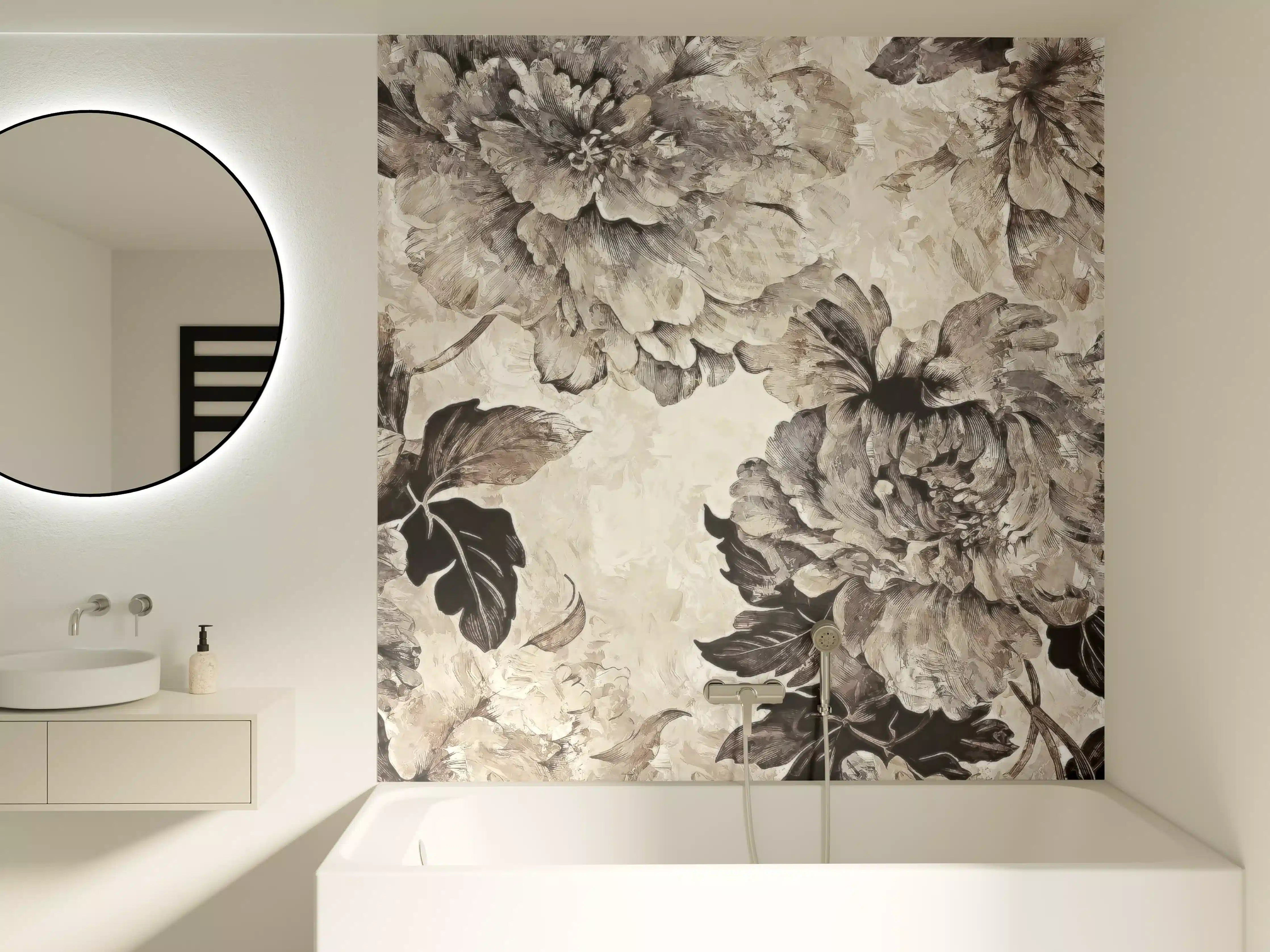 Badewannen-Rückwand - Floral Grau-Beige Kunstposter
