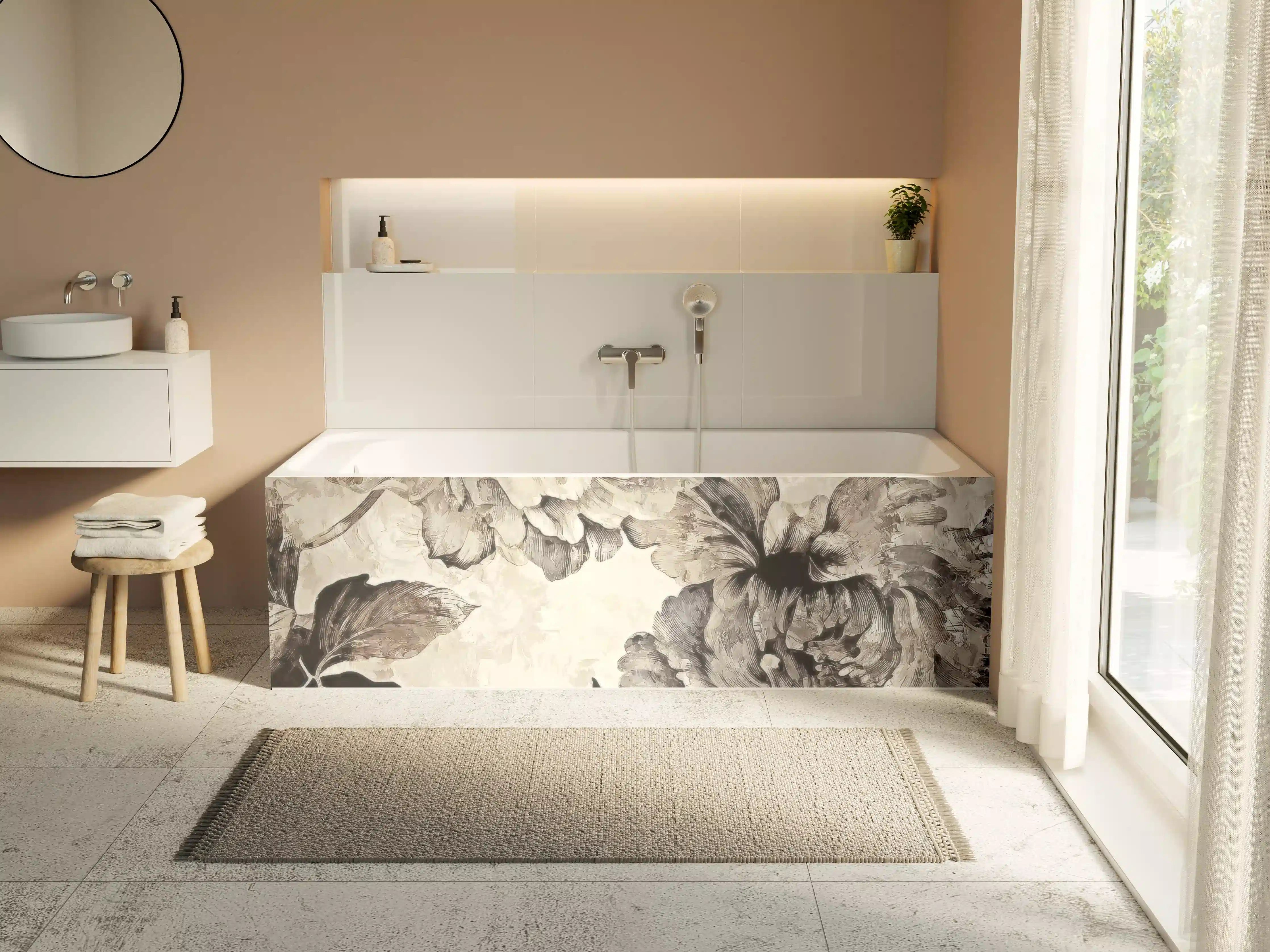Badewannen-Rückwand - Floral Grau-Beige Kunstposter