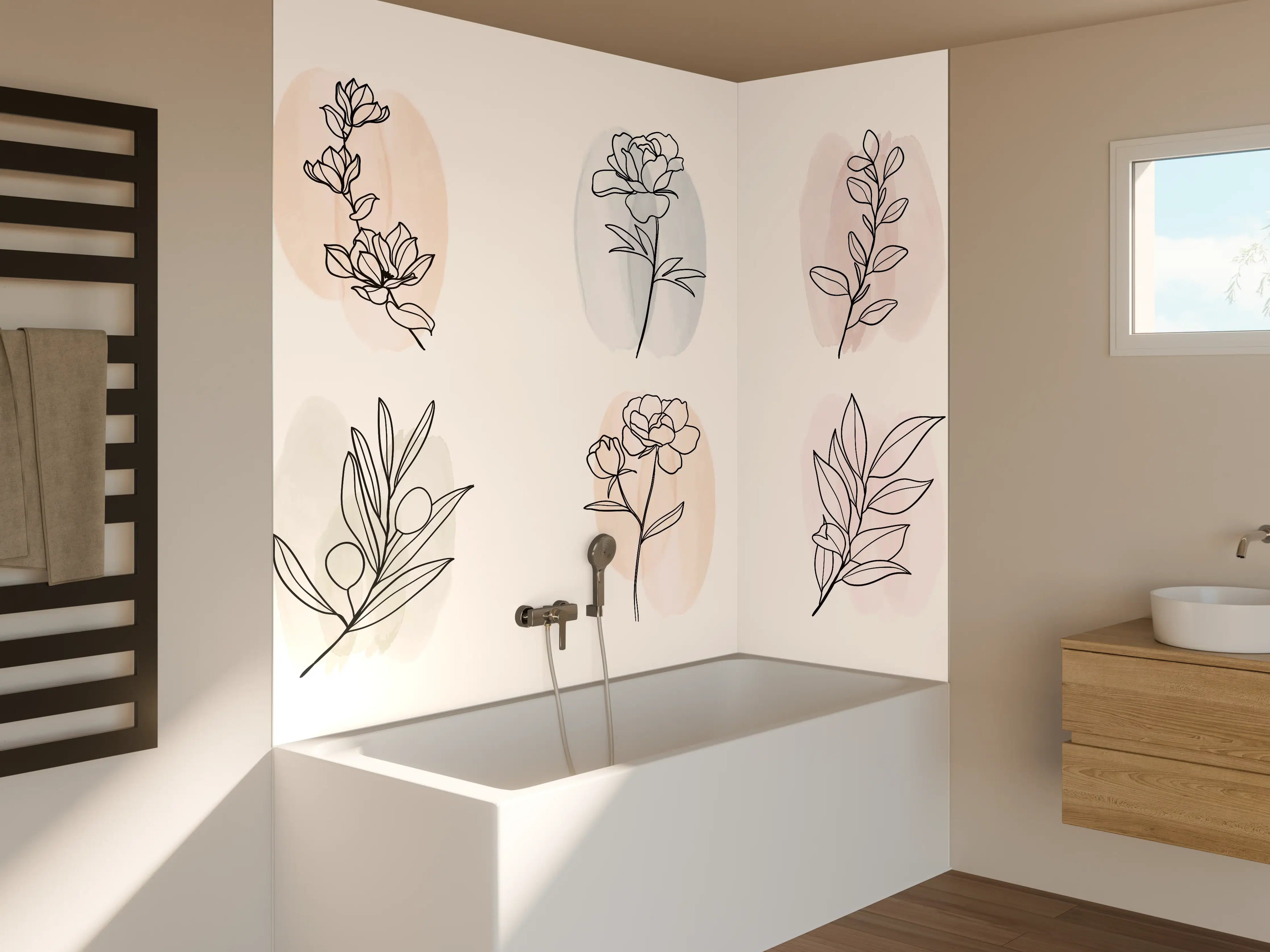 Badewannen-Rückwand - Florale Lineart Zeichnung Kollektion
