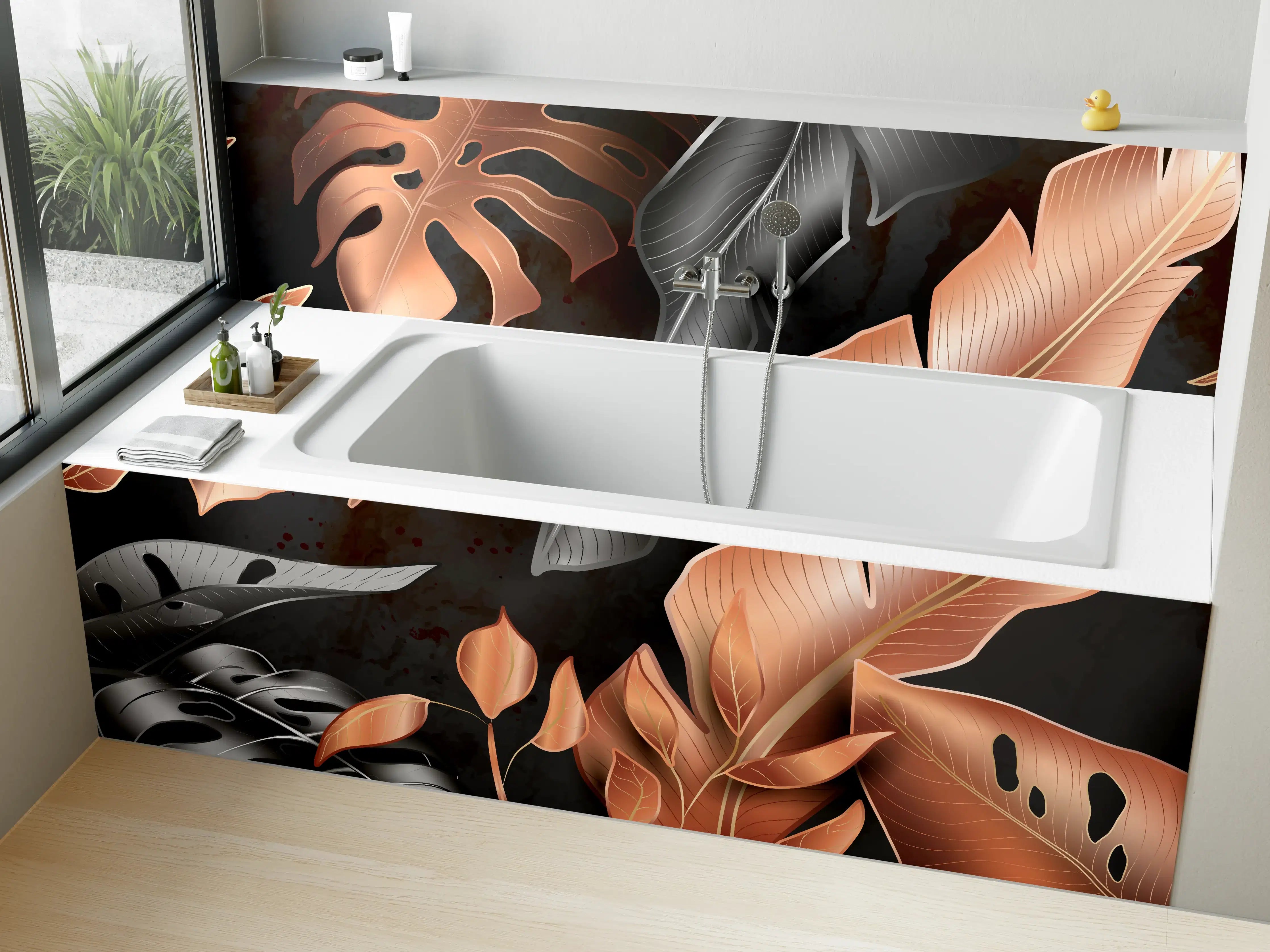 Badewannen-Rückwand - Florale Muster Schwarz Kupfer