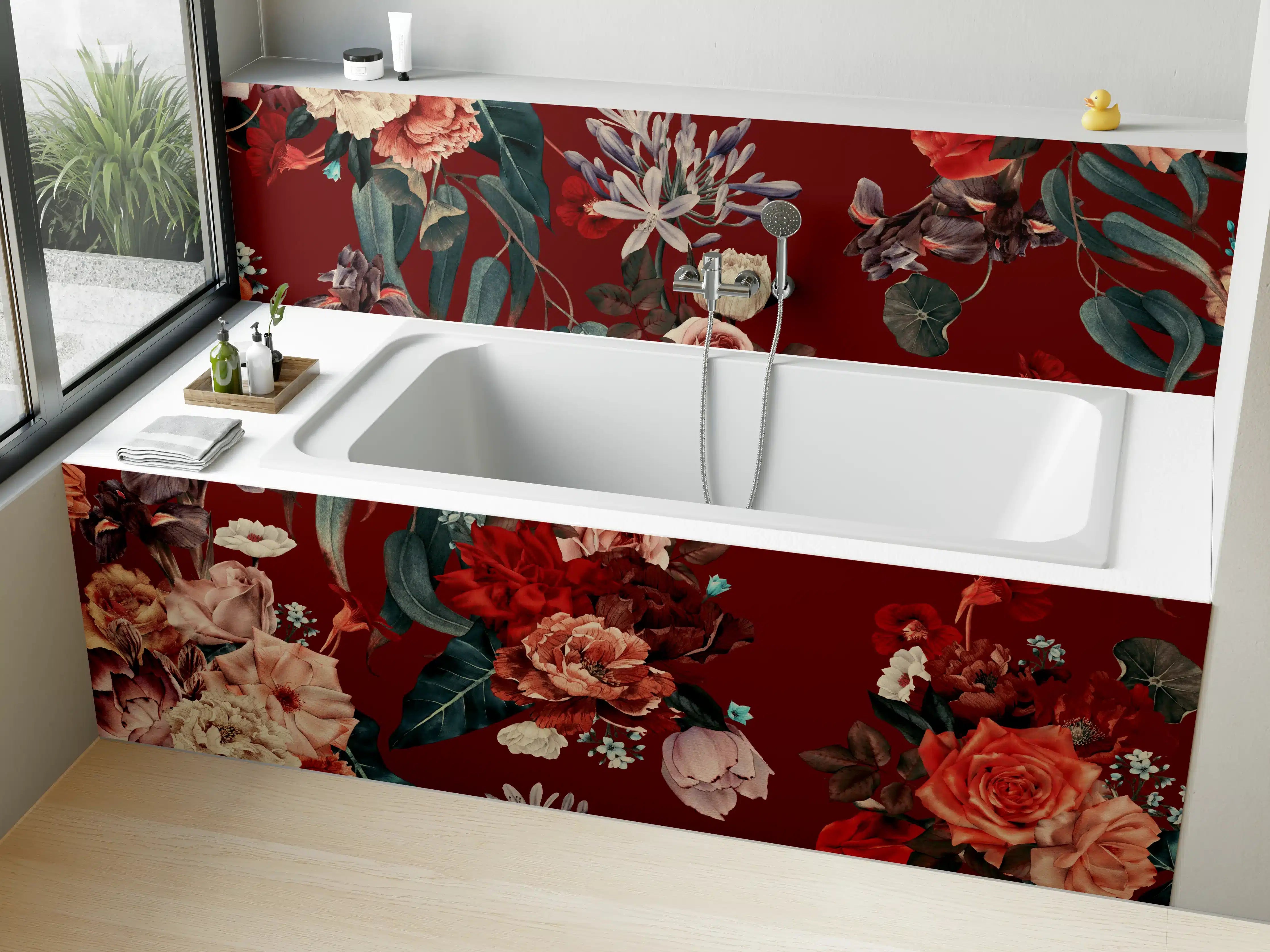 Badewannen-Rückwand - Florale Muster in warmen Rottönen