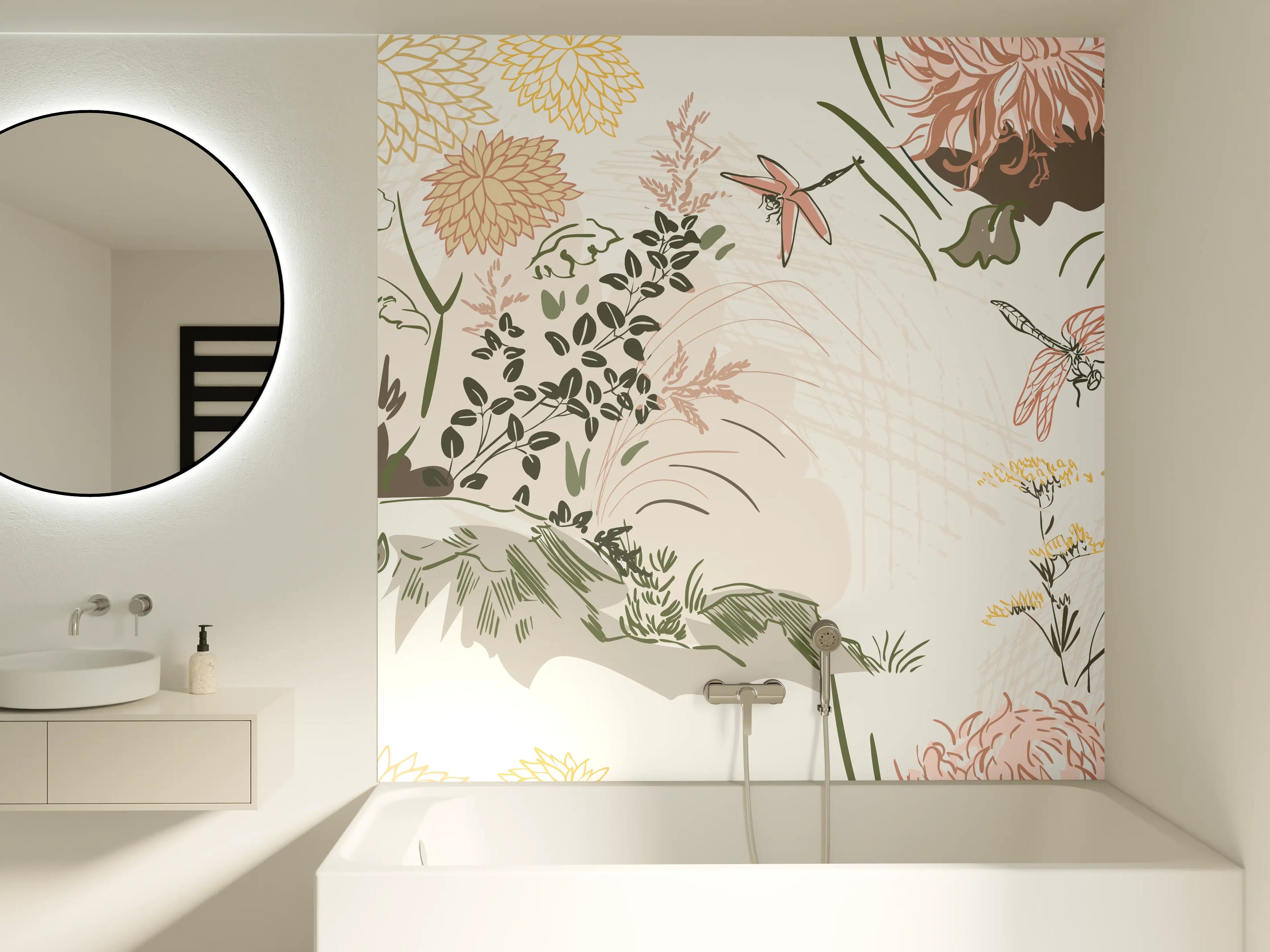 Badewannen-Rückwand - Florales Muster Beige-Grün-Rosa