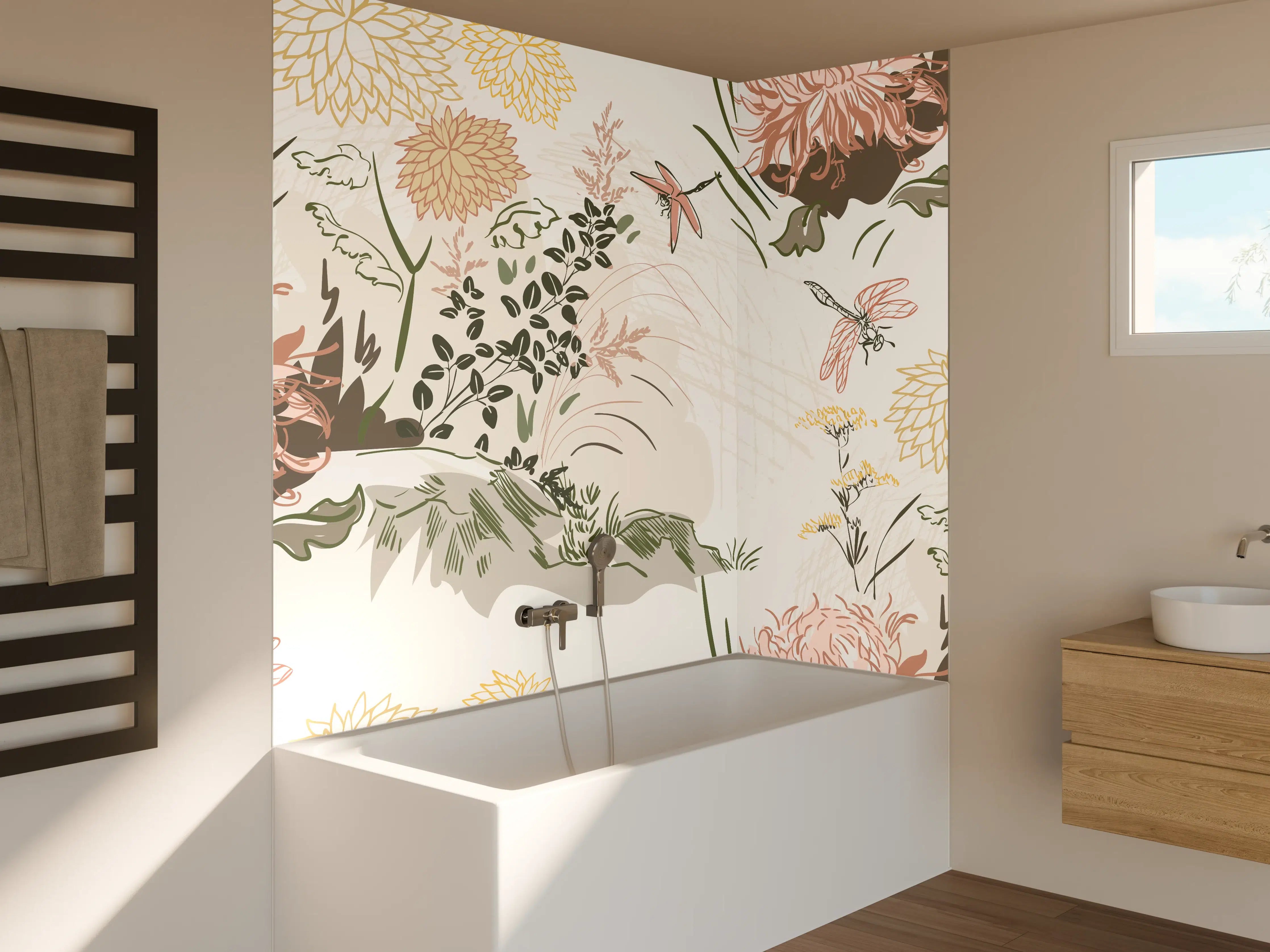 Badewannen-Rückwand - Florales Muster Beige-Grün-Rosa