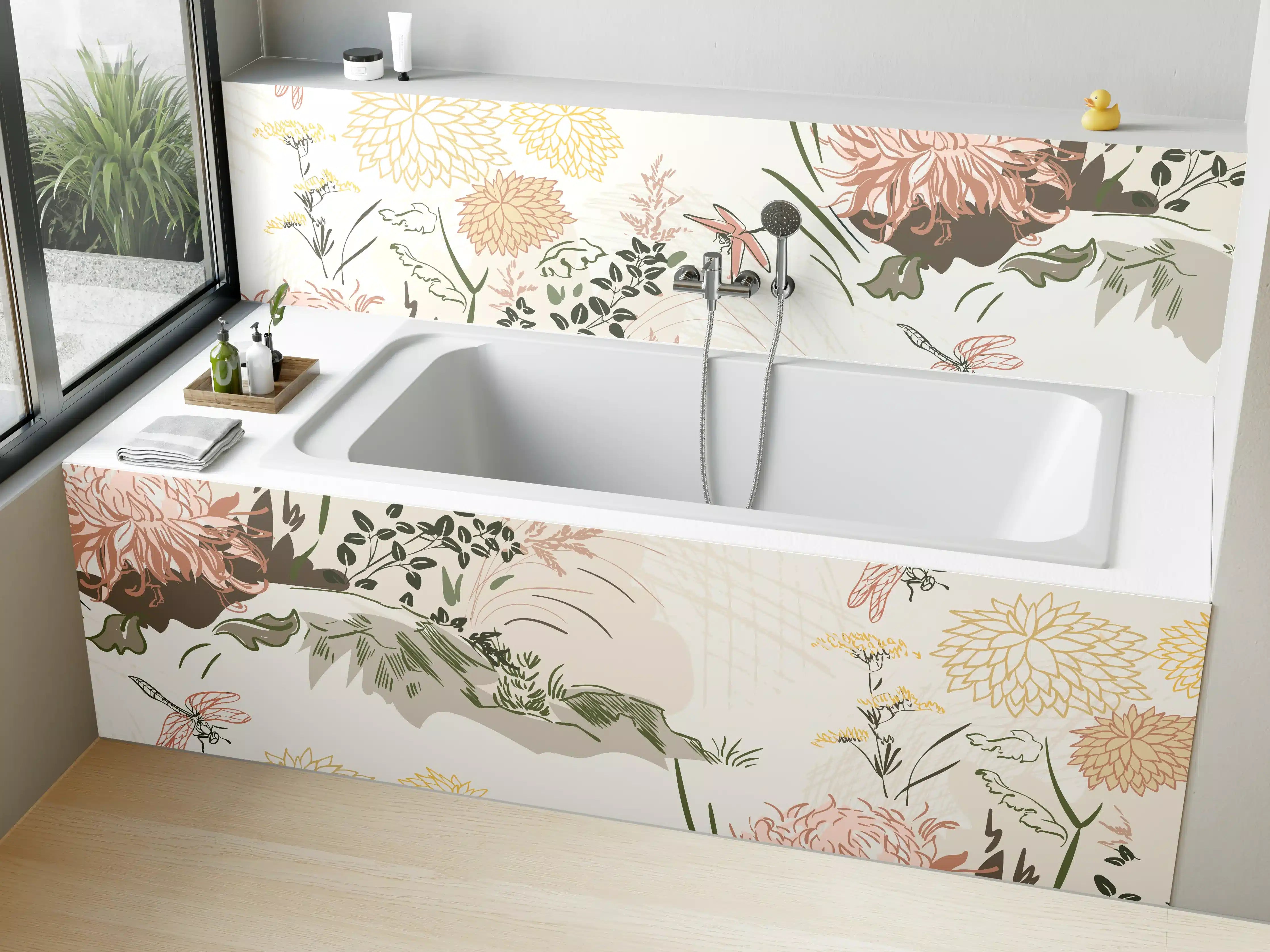 Badewannen-Rückwand - Florales Muster Beige-Grün-Rosa