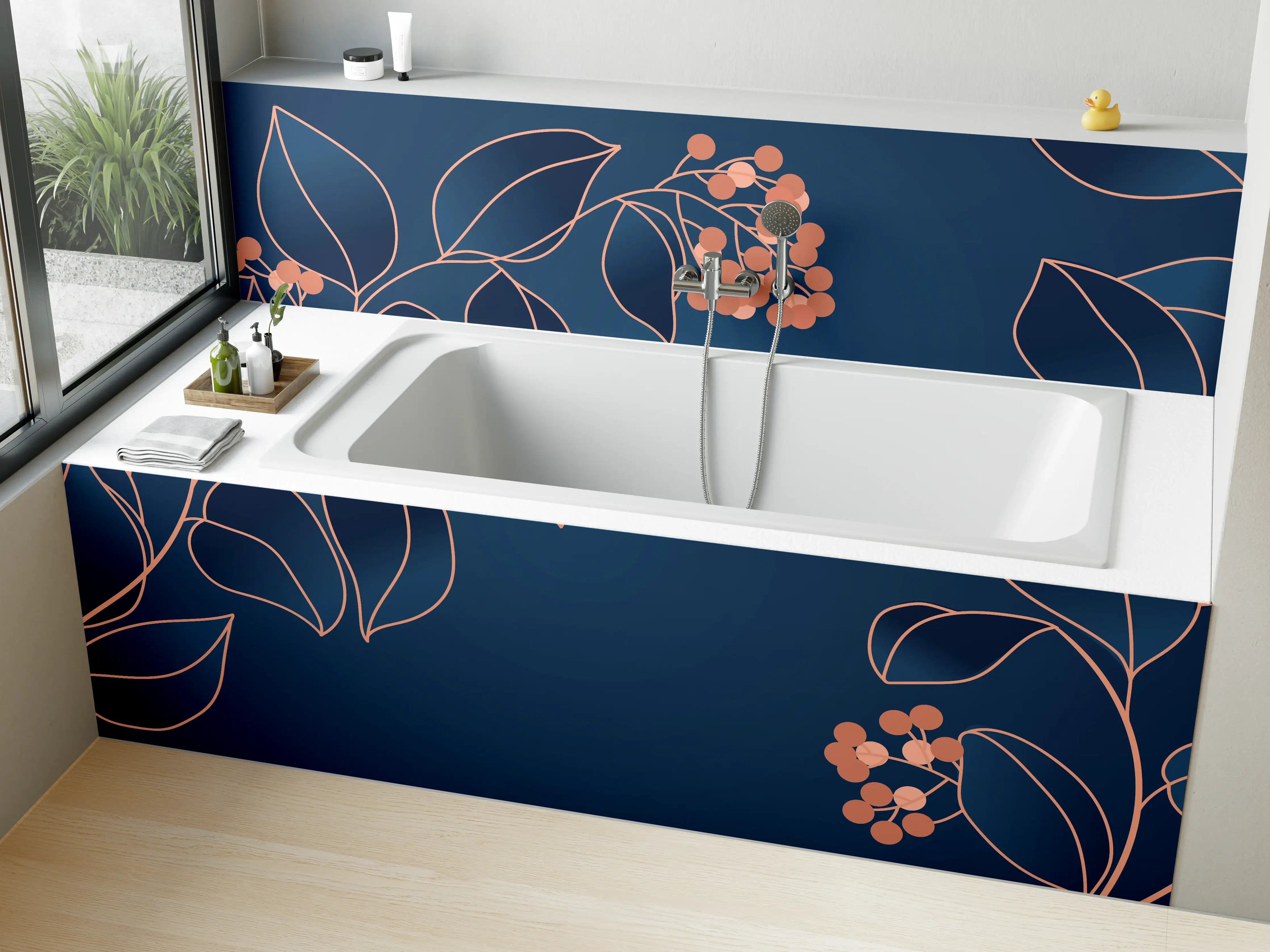 Badewannen-Rückwand - Florales Muster Navy-Orange